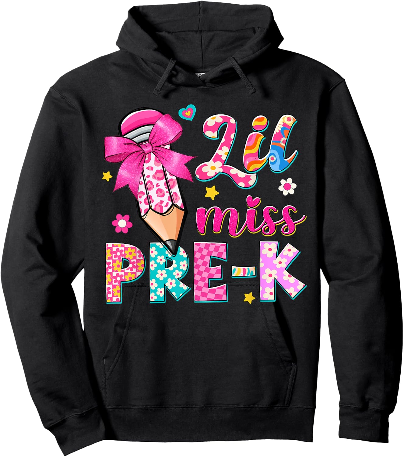 Pencil Bow Lil Miss Pre-K Pre-K Funny Back To School Hoodie - Hoodie | Black