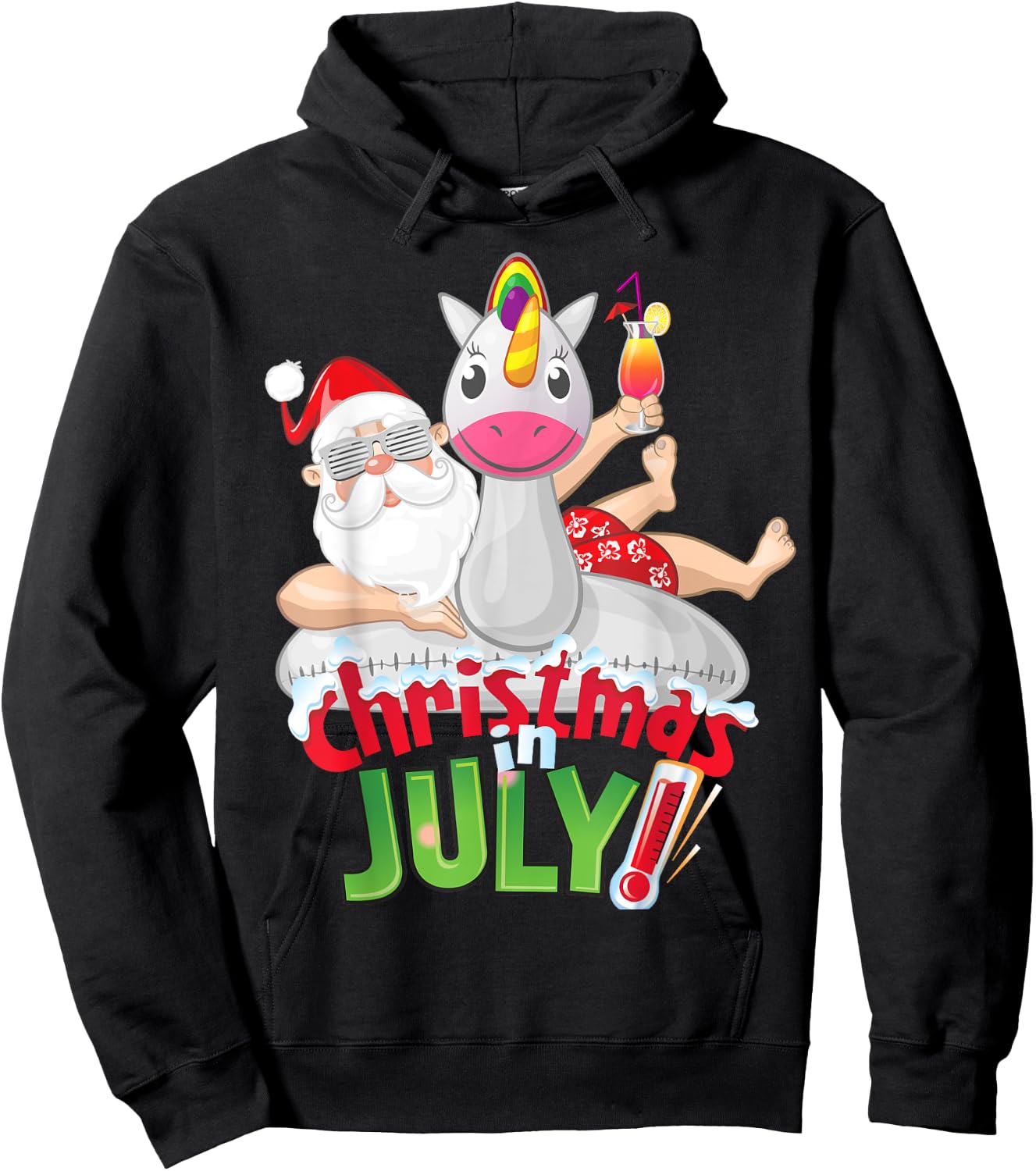 Funny Christmas in July Shirt Summer Unicorn Float Xmas Women Kids Hoodie - Hoodie | Black
