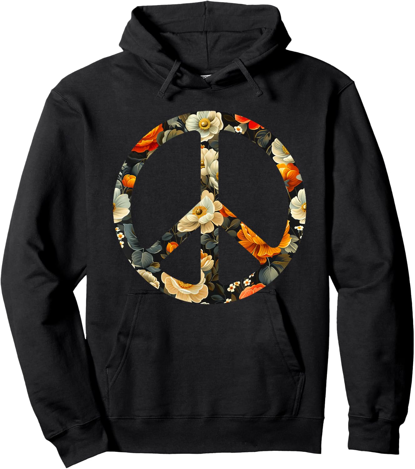 Blooming Harmony Symbol Floral Peace Sign Hoodie - Hoodie | Black