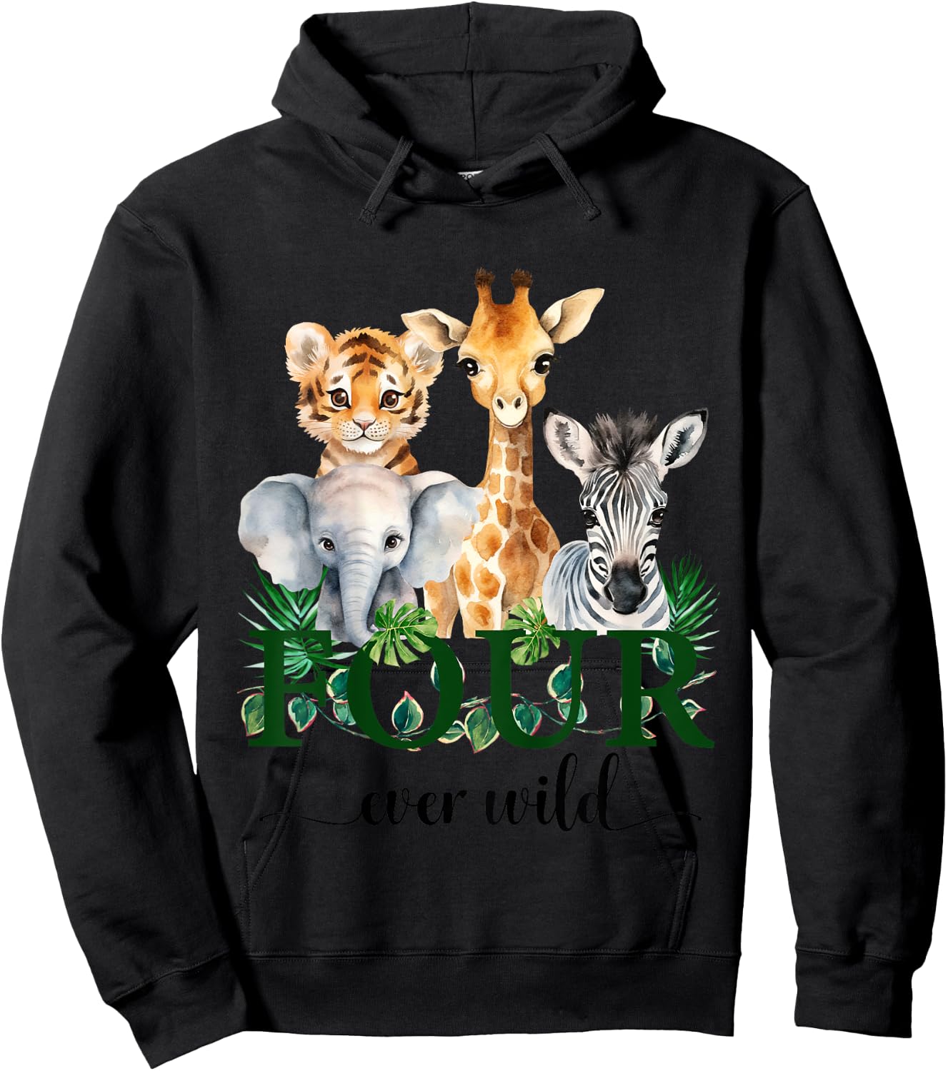 Kids Jungle Birthday Four Ever Wild Zoo Safari Party 4th Animals Hoodie - Hoodie | Black
