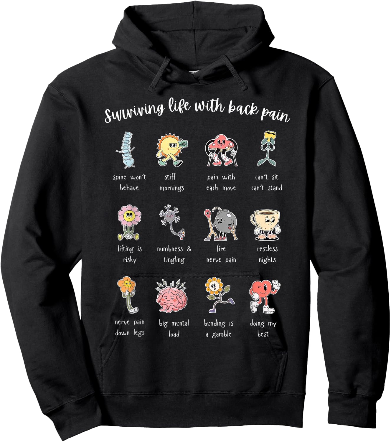 Surviving Life with Back Pain Cute Pain Anatomy Illustration Hoodie - Hoodie | Black