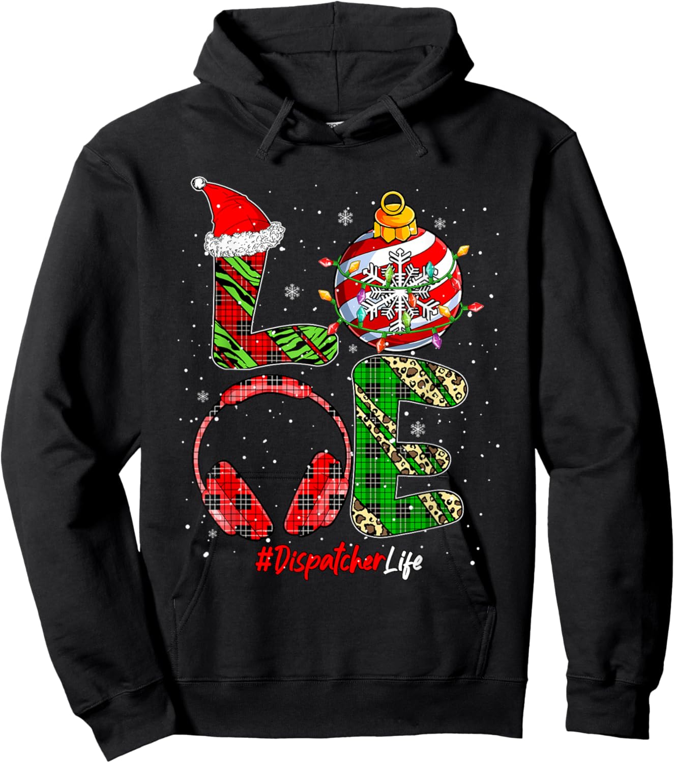 LOVE Dispatcher Job Christmas Leopard Colorful Costume Team Hoodie - Hoodie | Black