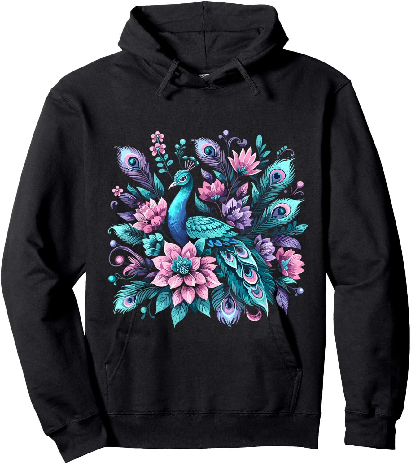 Beautiful Floral Flower Peacock Hoodie - Hoodie | Black