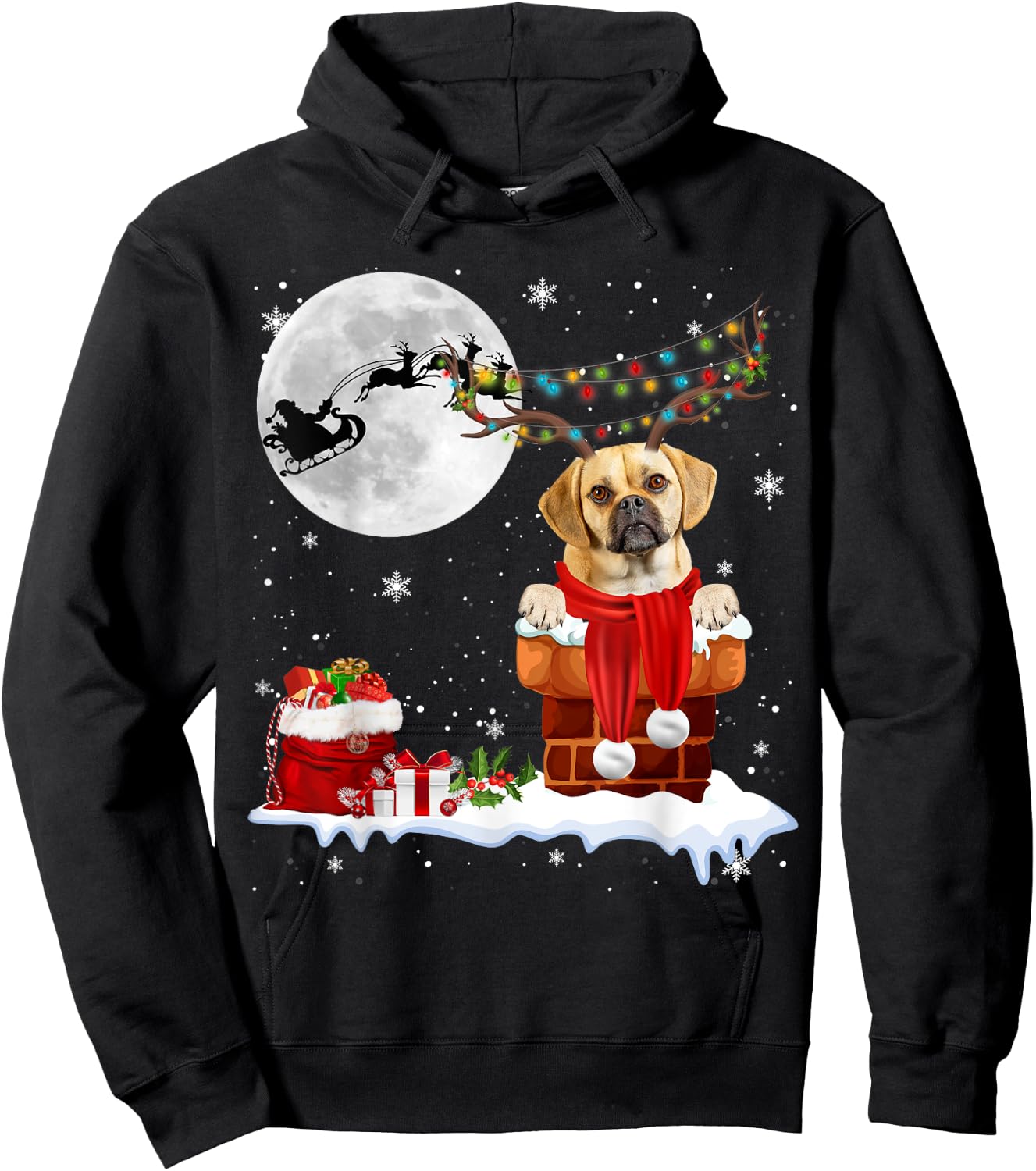 Puggle Dog Chimney Ugly Christmas Lights Xmas Pajamas Men Women Kids Hoodie - Hoodie | Black