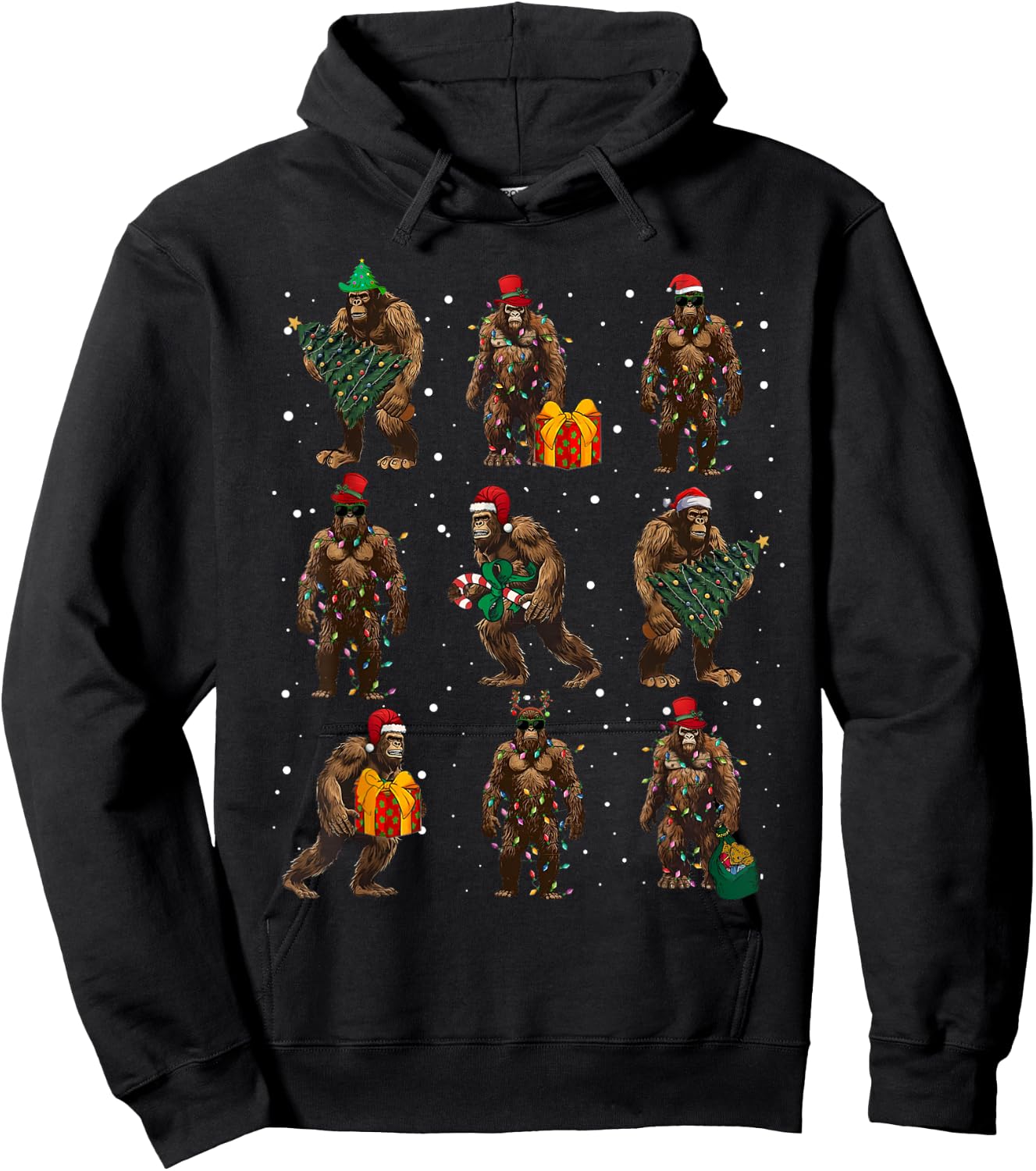 Bigfoot Christmas Tree Lights Xmas Decorations Boys Men PJ Hoodie - Hoodie | Black