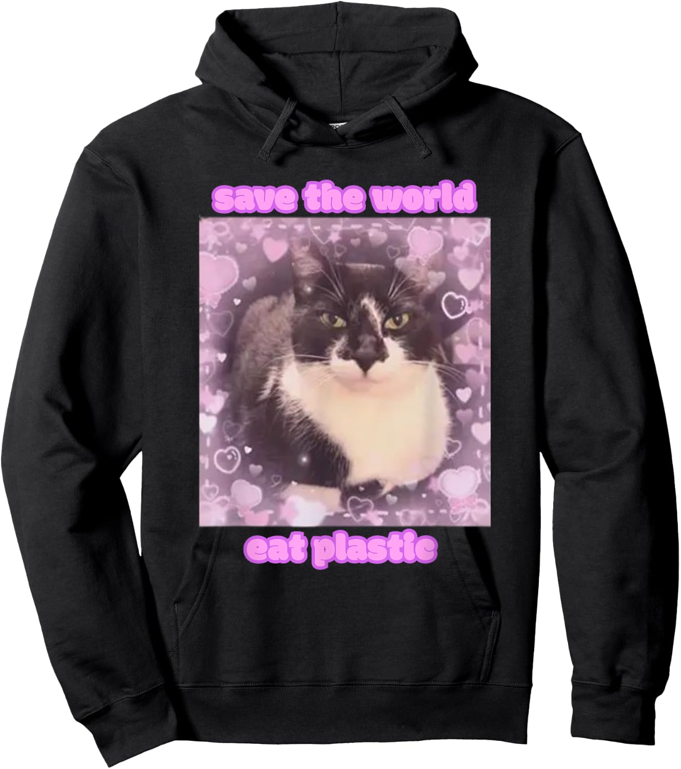 Cat Graphic with Funny Slogan Save The World Eat Plastic y2k Hoodie - Hoodie | Black