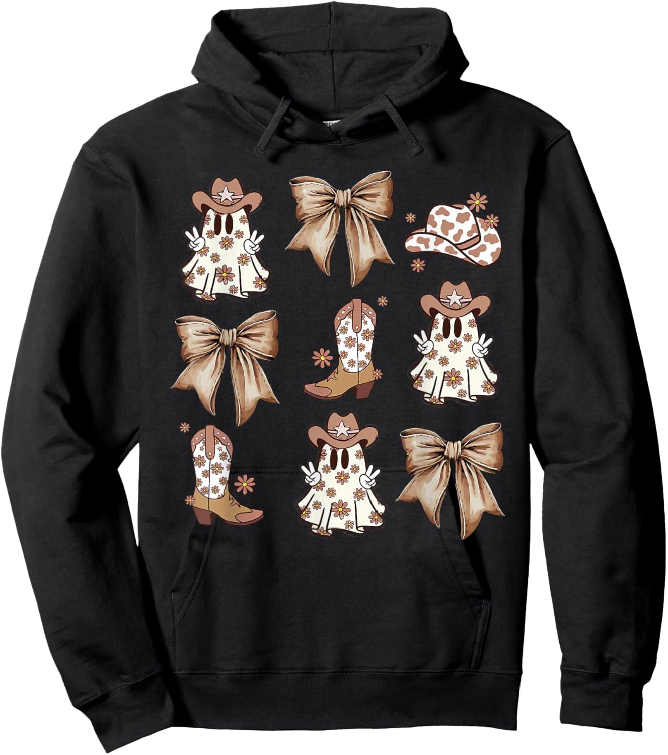 Coquette Bow Spooky Funny Ghost Cowboy Western Halloween Hoodie - Hoodie | Black