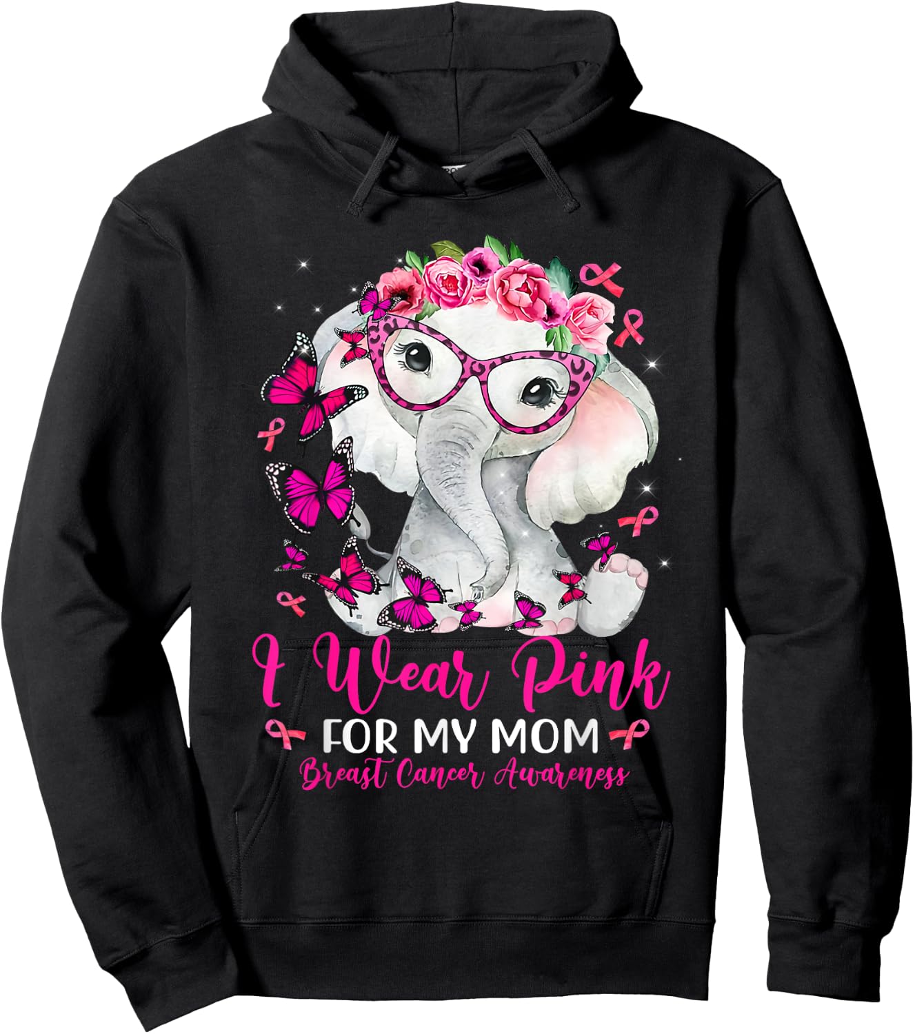 I Wear Pink For My Mom Elephant Breast Cancer Awareness Hoodie - Hoodie | Black