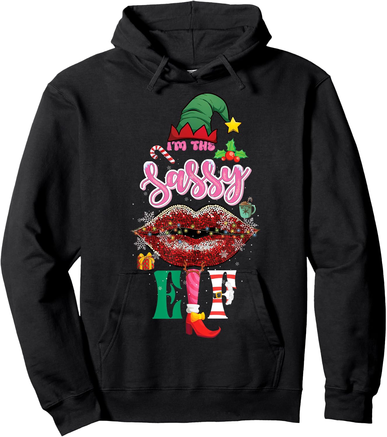 Funny Christmas Clothing I'm The Sassy Elf Sweet Lips Xmas Hoodie - Hoodie | Black