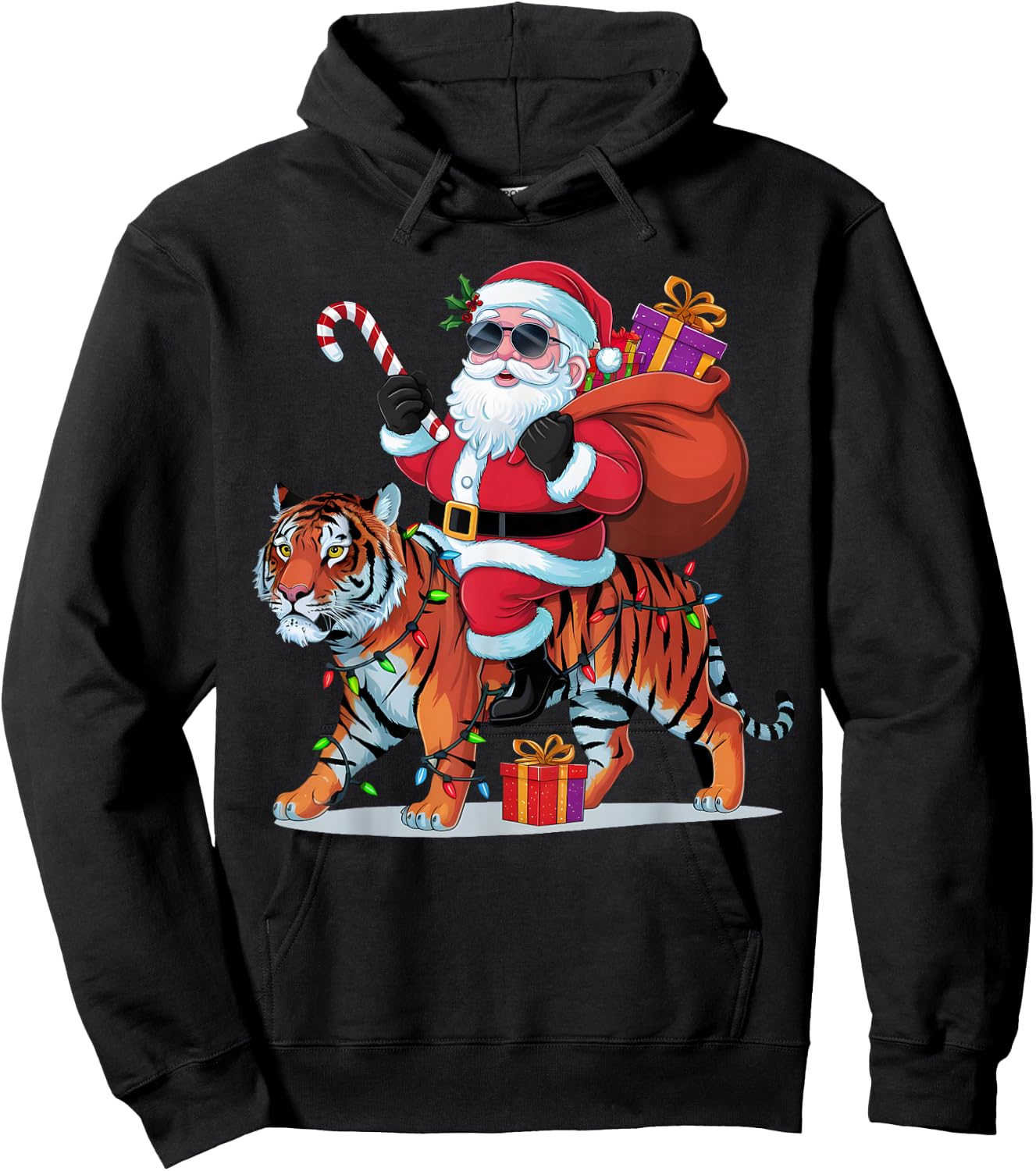 Tiger Lover Xmas Lighting Santa Riding Tiger Christmas Hoodie - Hoodie | Black