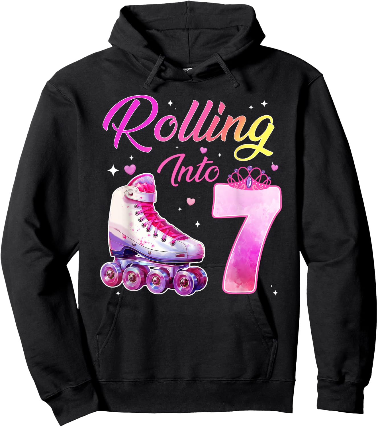 Rolling Into 7 Girl 7th Birthday Roller Skating Hoodie - Hoodie | Black