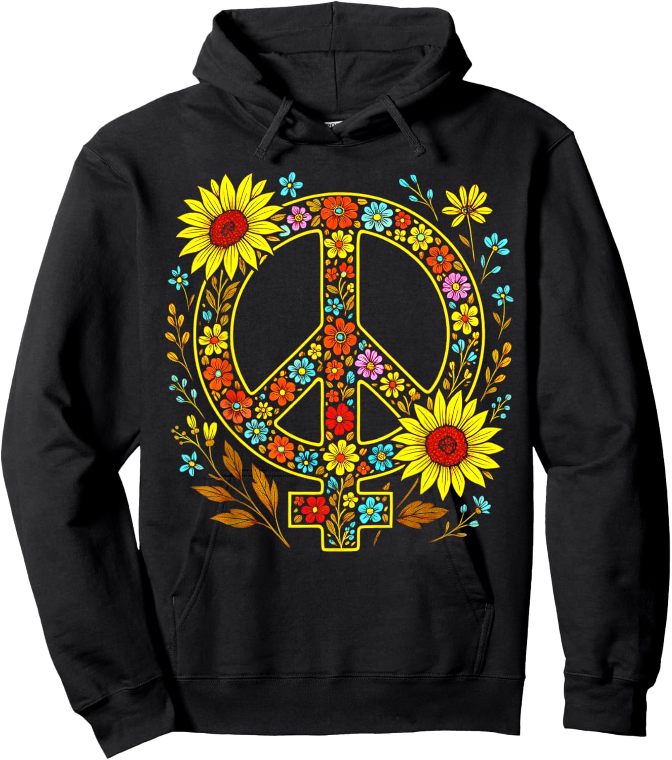 Feminist Peace Symbol Vintage Floral Hippie Women Sunflower Hoodie - Hoodie | Black