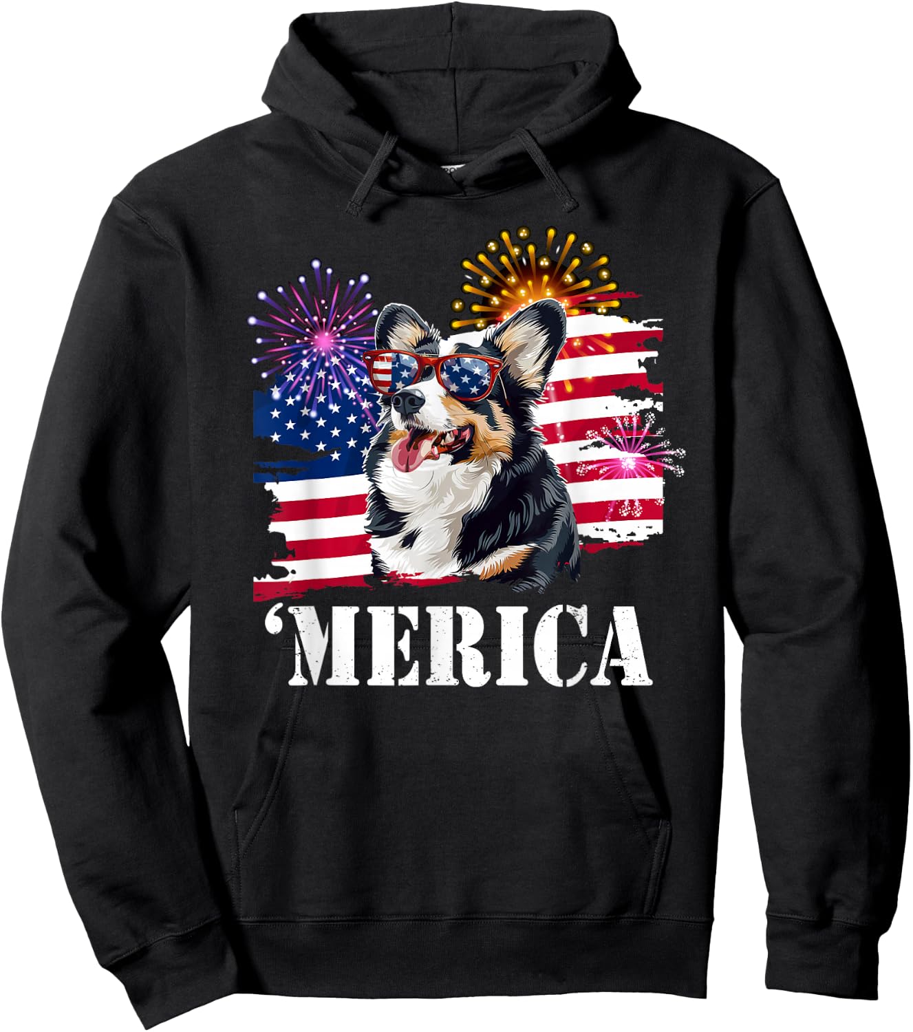 Funny USA Flag 4th 'Merica Black Tricolor Corgi Lover Hoodie - Hoodie | Black