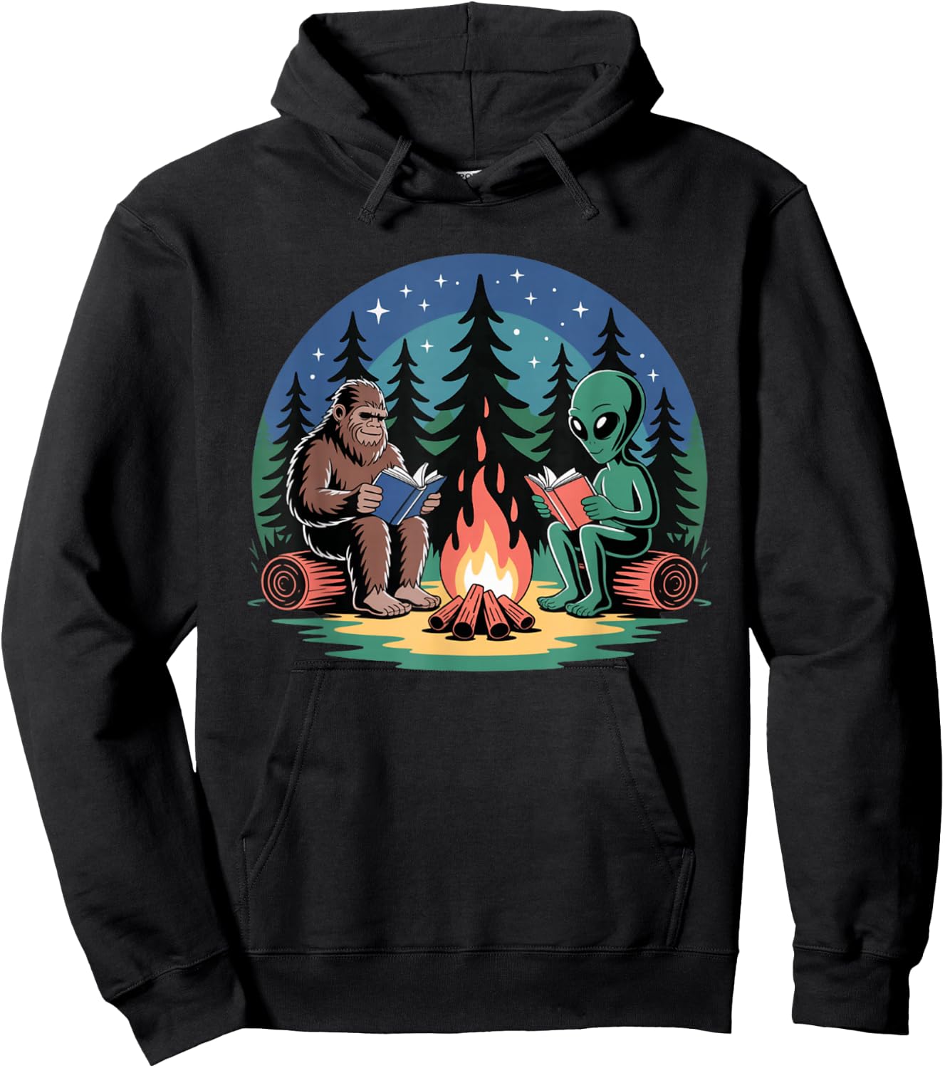 Alien Camping Bigfoot Campfire Reading Peaceful Forest Hoodie - Hoodie | Black