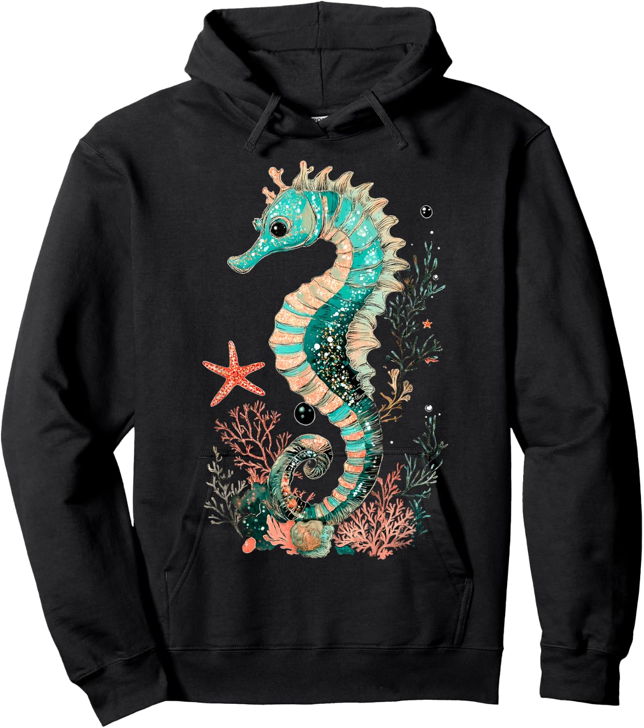 Seahorse Coral Starfish Nautical Art Hoodie - Hoodie | Black