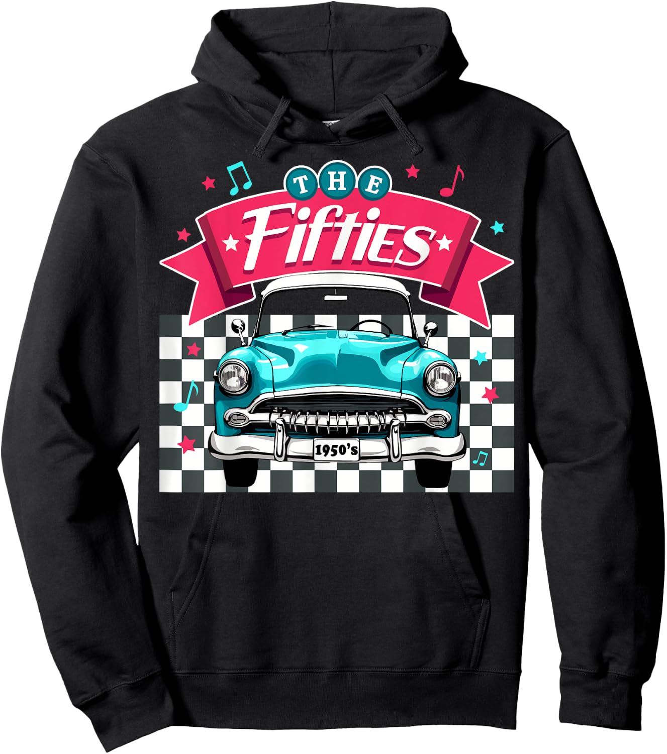 The Fifties 1950s Car Music Checkerboard Rockabilly Sock Hop Hoodie - Hoodie | Black