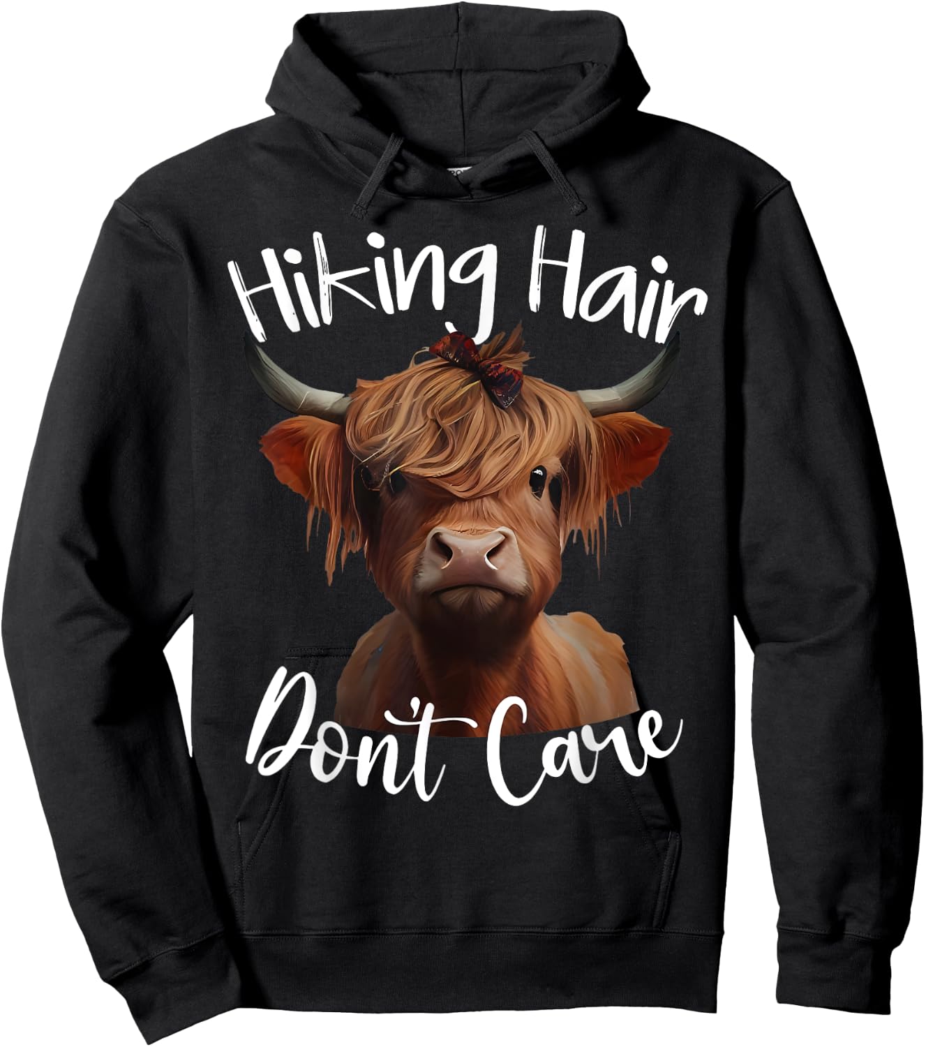 Funny Camping Highland Cow Hiking Hair Don't Care Hoodie - Hoodie | Black