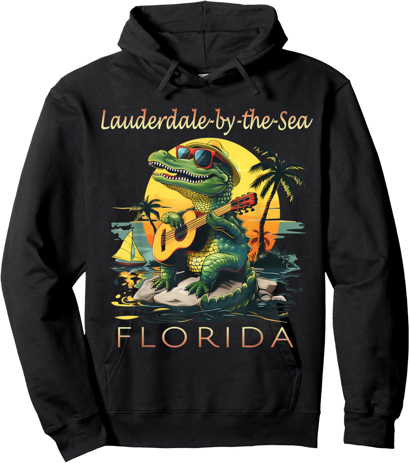 Lauderdale-by-the-Sea Florida Vacation Cute Alligator Sunset Hoodie - Hoodie | Black