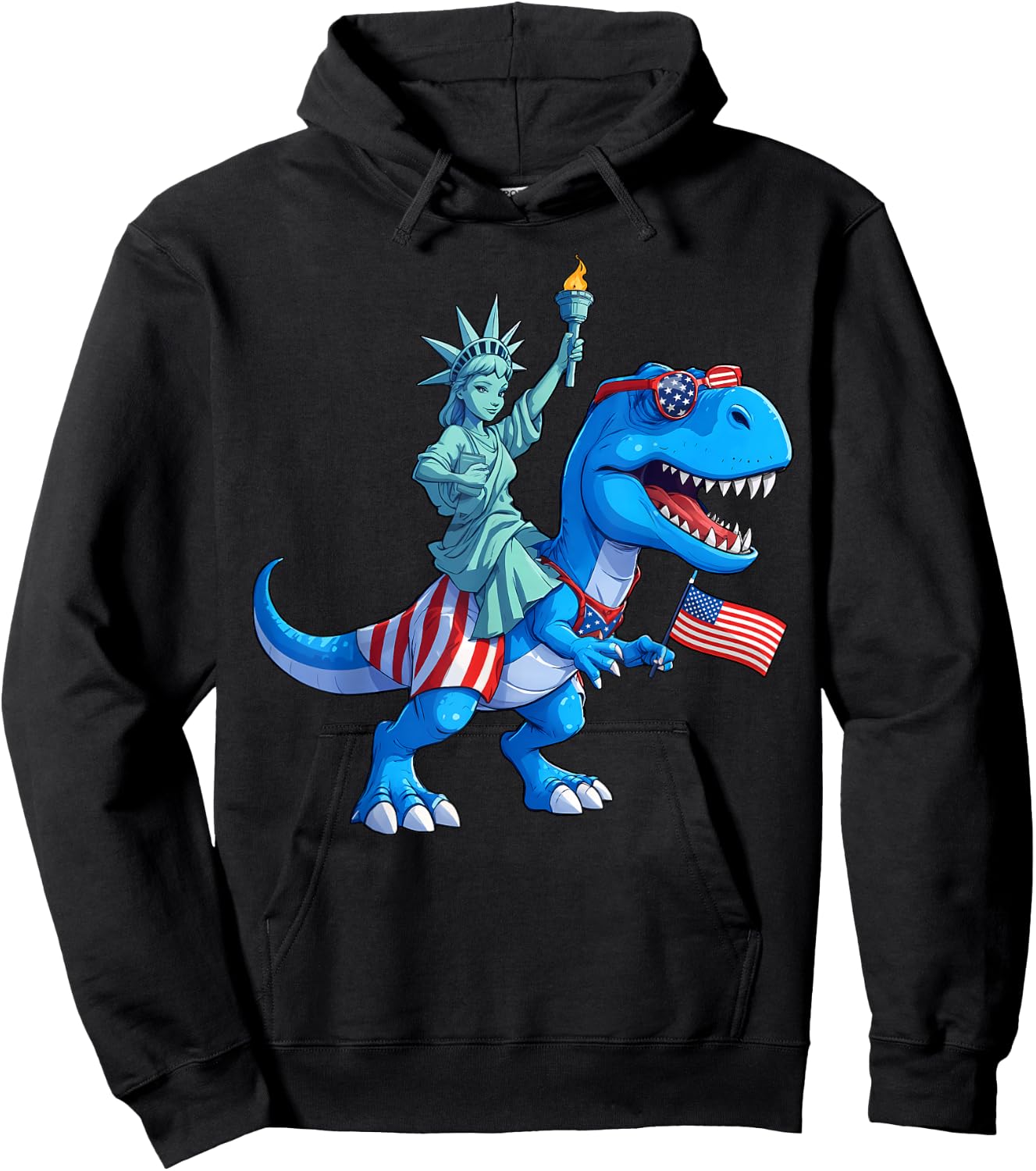 Dino Statue Of Liberty 4th Of July TRex American Flag Boys Hoodie - Hoodie | Black