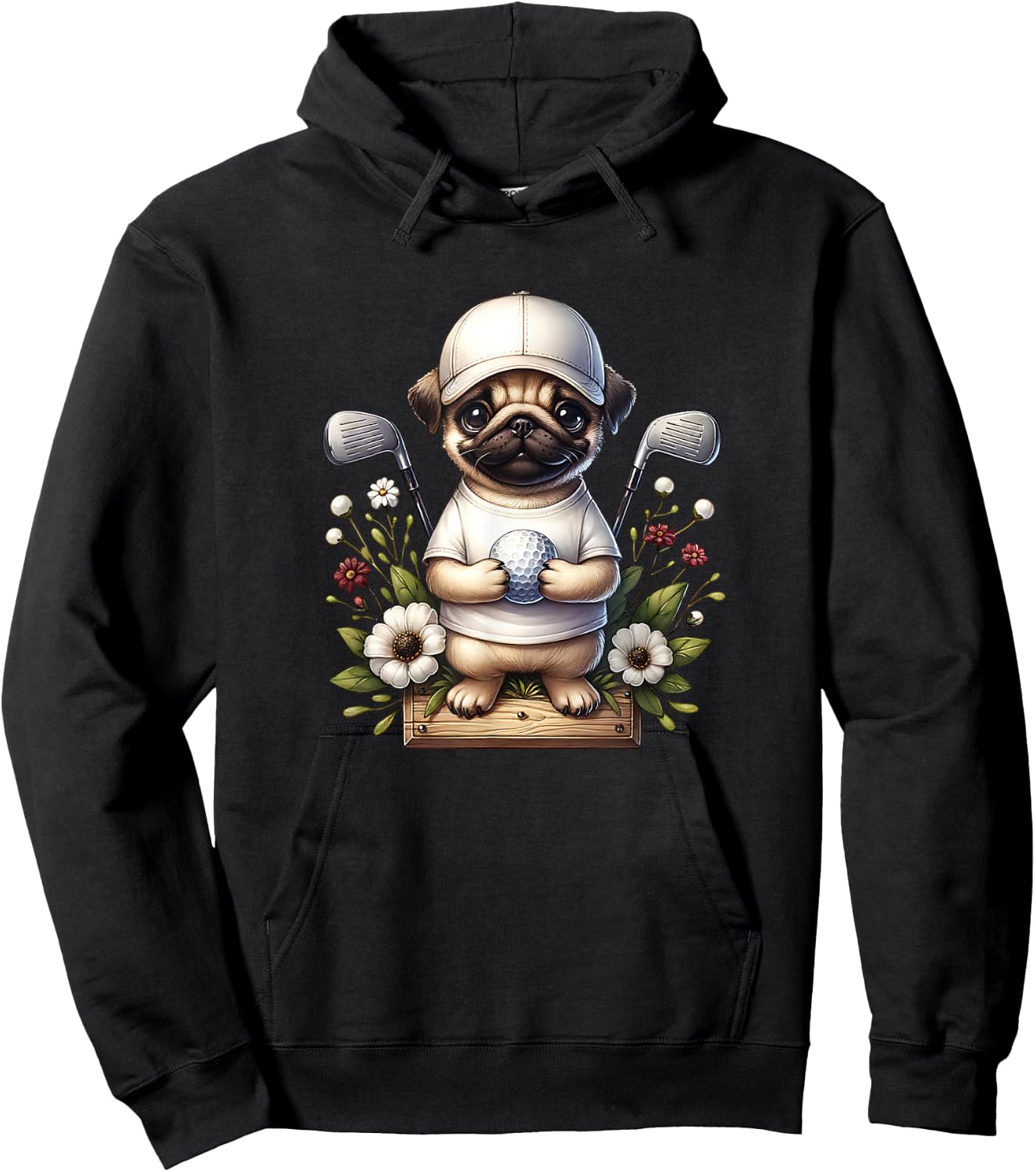 Funny Pug Golfer With Golf Ball And Clubs Hoodie - Hoodie | Black