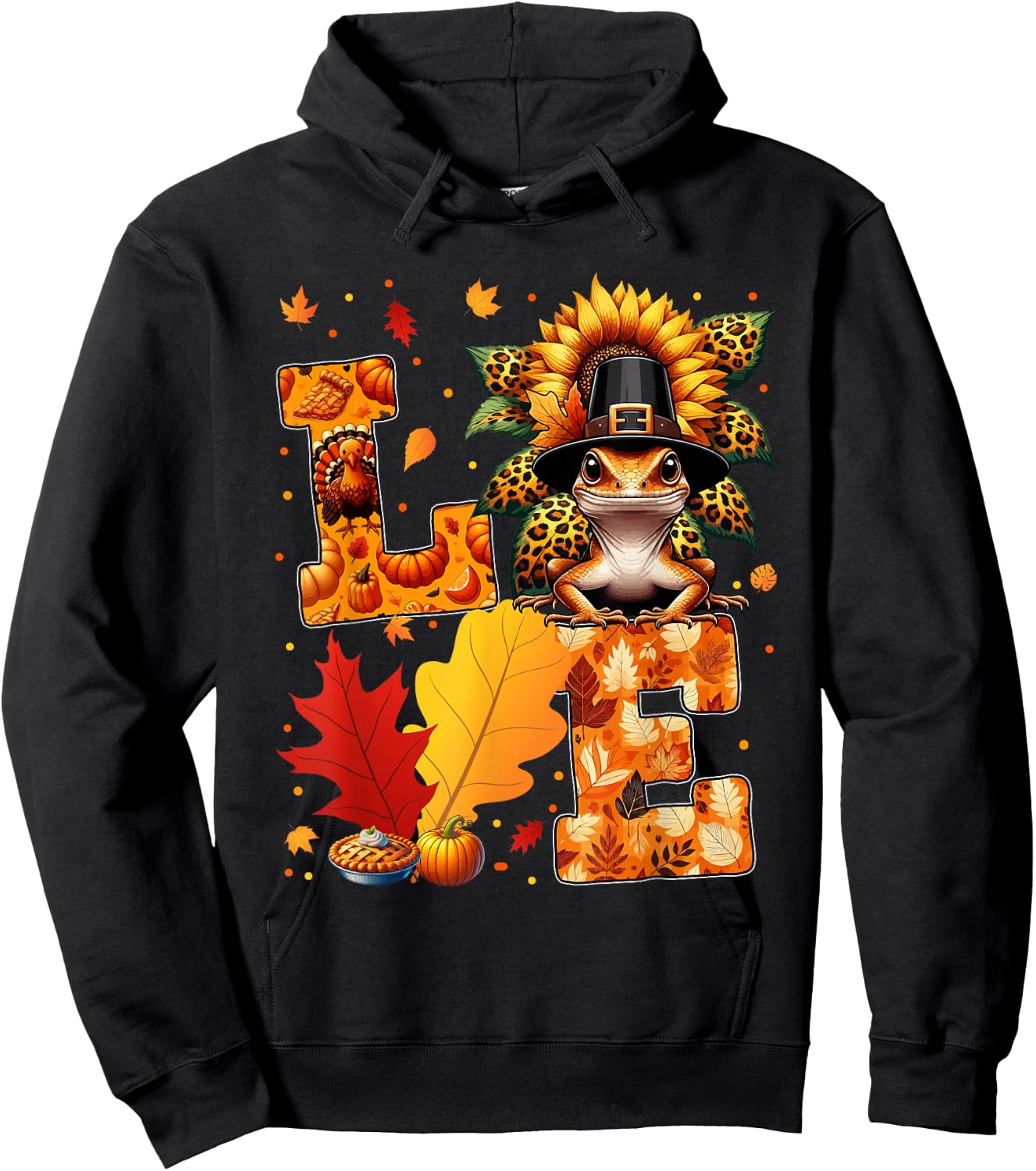 LOVE Thanksgiving Gecko Costume Fall Leaves Sunflower Hoodie - Hoodie | Black