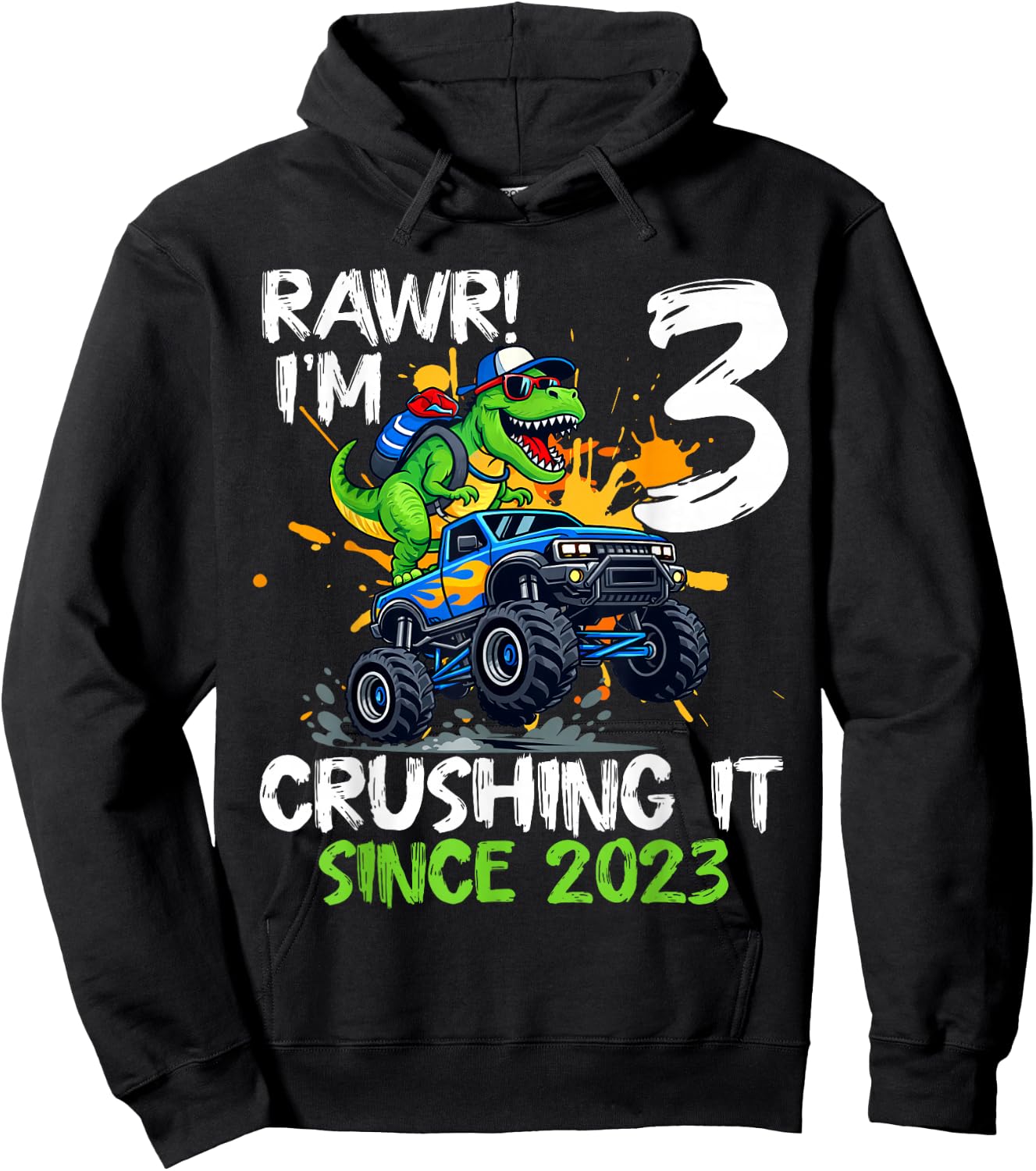 I'm 3 Crushing It Since 2023 Kids 3rd Birthday Monster Truck Hoodie - Hoodie | Black
