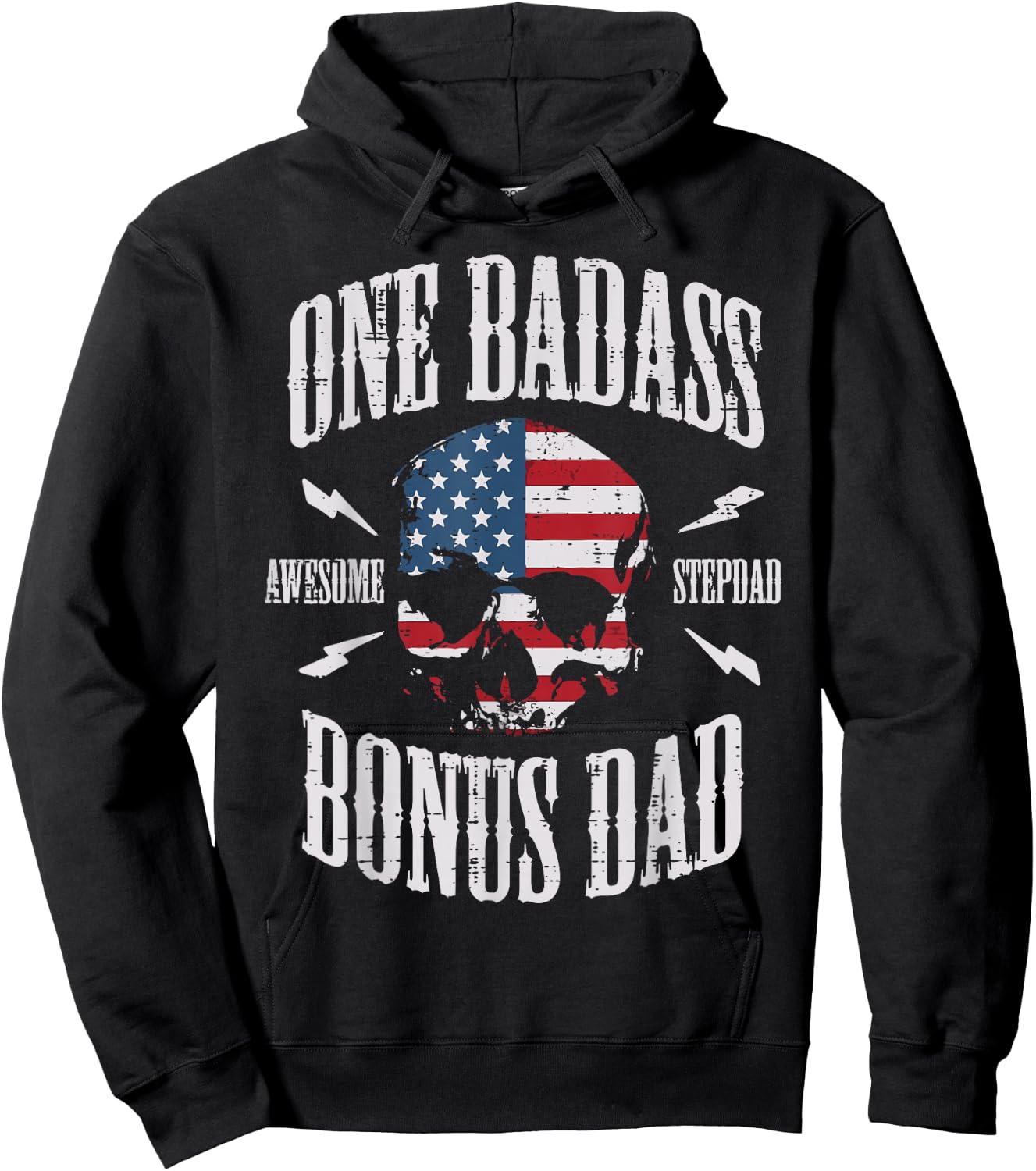 One Badass Bonus Dad US Flag Skull Stepdad Step Dad Patriot Hoodie - Hoodie | Black