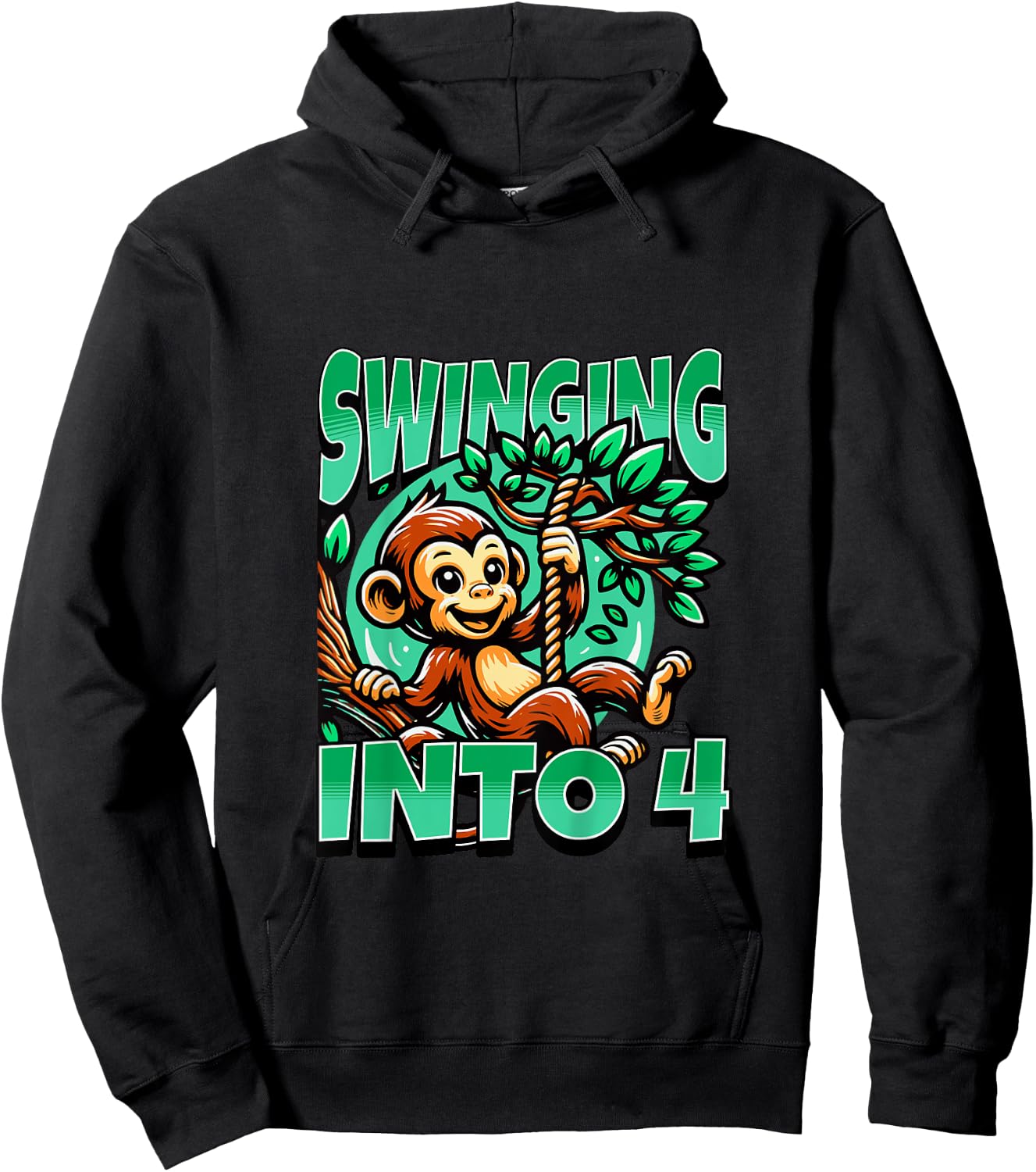 Kids Monkey Swinging Into 4 Year Old 4th Birthday Boy Girl Hoodie - Hoodie | Black