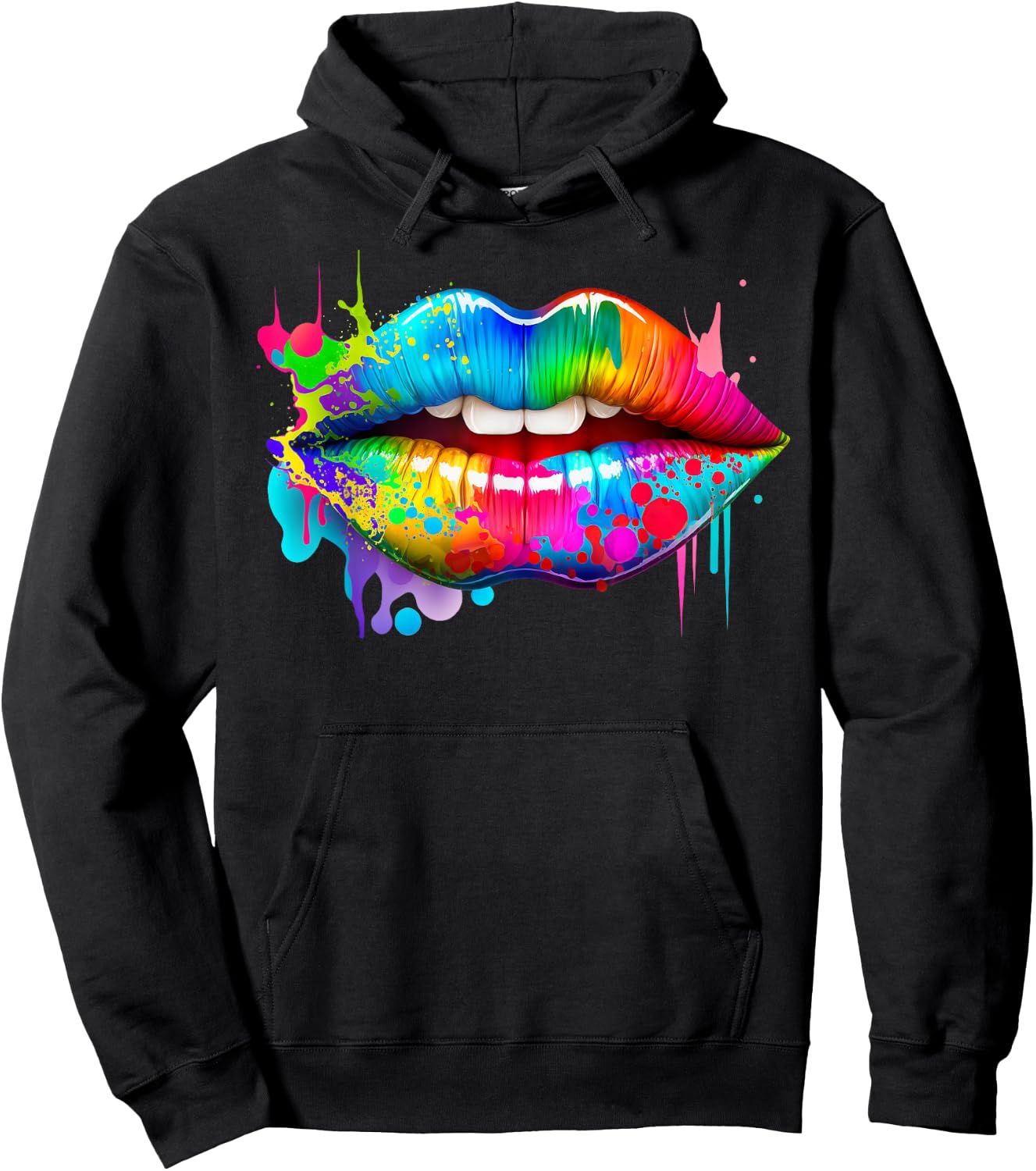 Colorful Lips Trendy Kiss Mouth Women Bright Mouth Dripping Hoodie - Hoodie | Black
