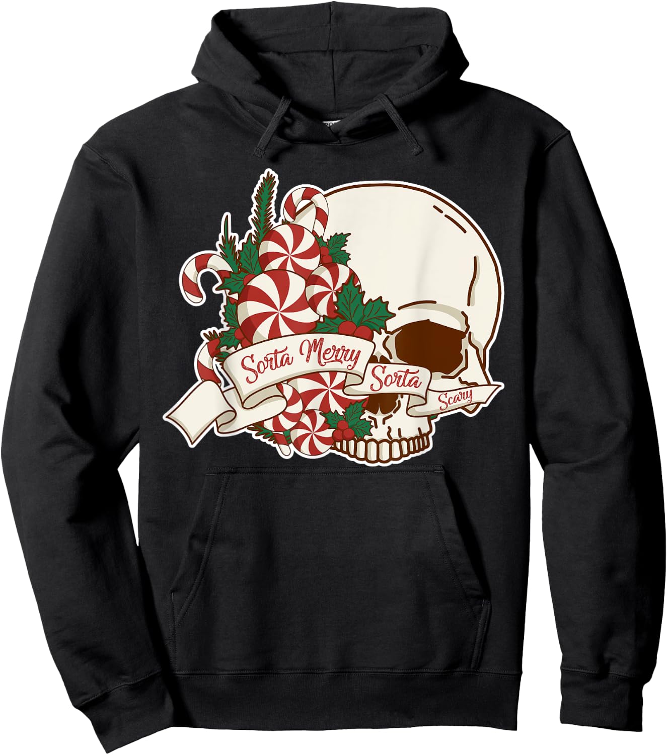 Sorta Merry Sorta Scary Skull Christmas Peppermint Candy Hoodie - Hoodie | Black