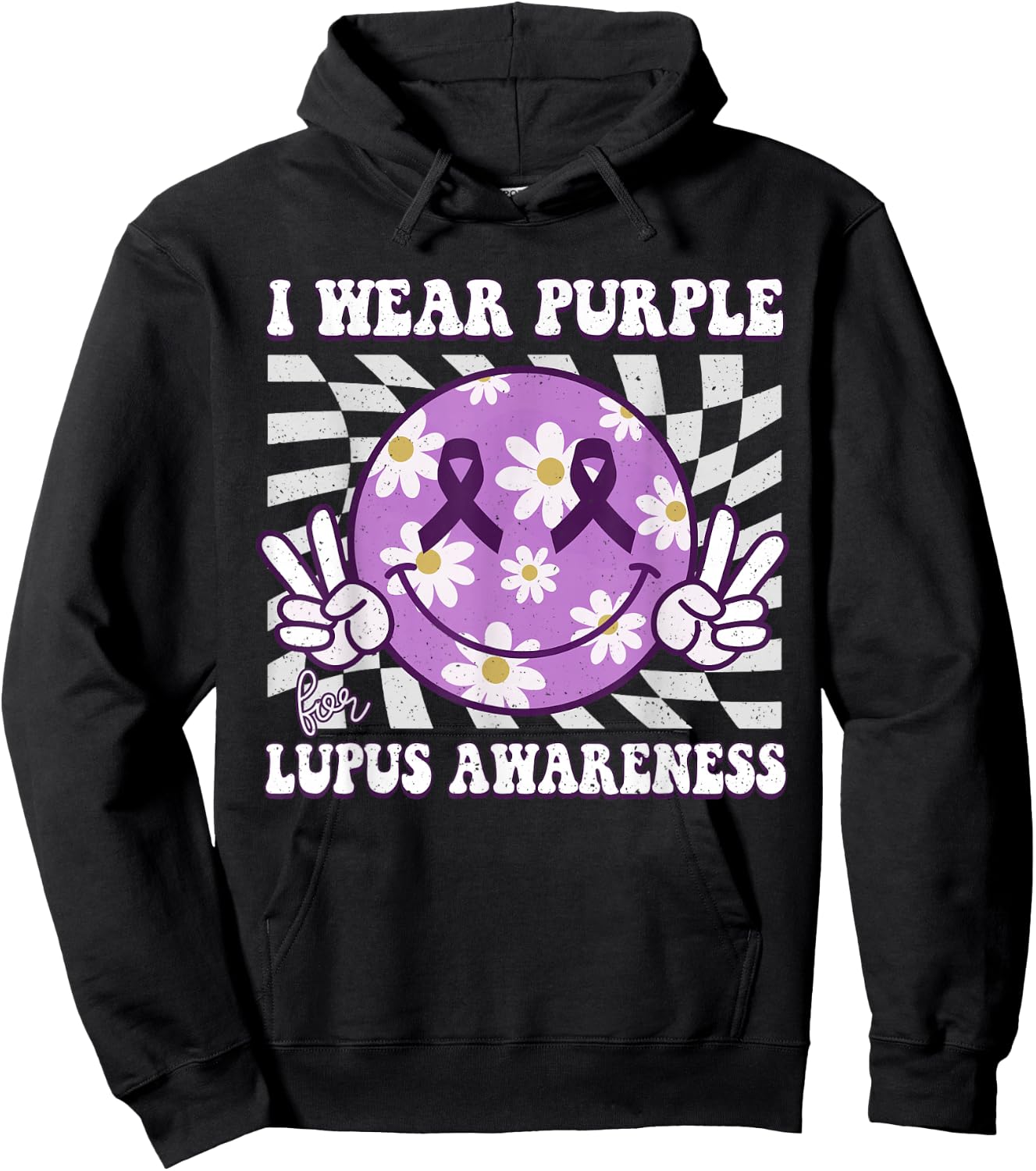 Retro Lupus Awareness Smile Hippie Checkered Purple Ribbon Hoodie - Hoodie | Black