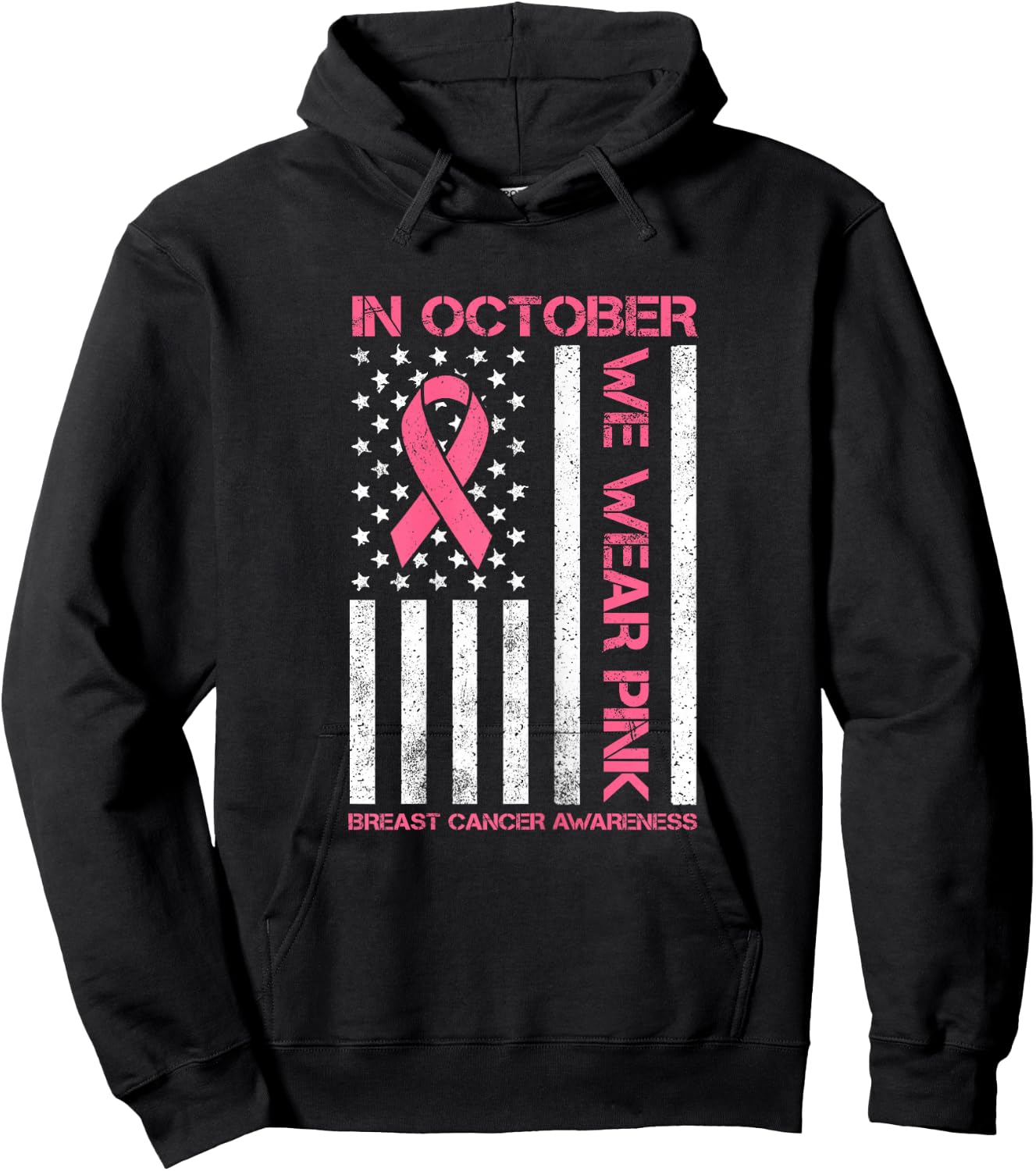In October we Wear Pink Us Flag Breast Cancer Awareness Hoodie - Hoodie | Black
