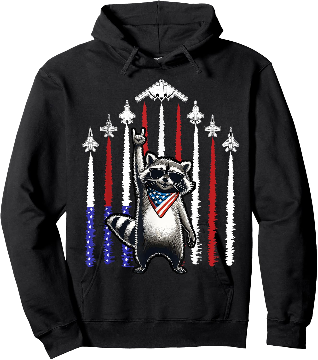 4th of July USA Flag Fighter Jets Raccoon Funny Patriotic Hoodie - Hoodie | Black