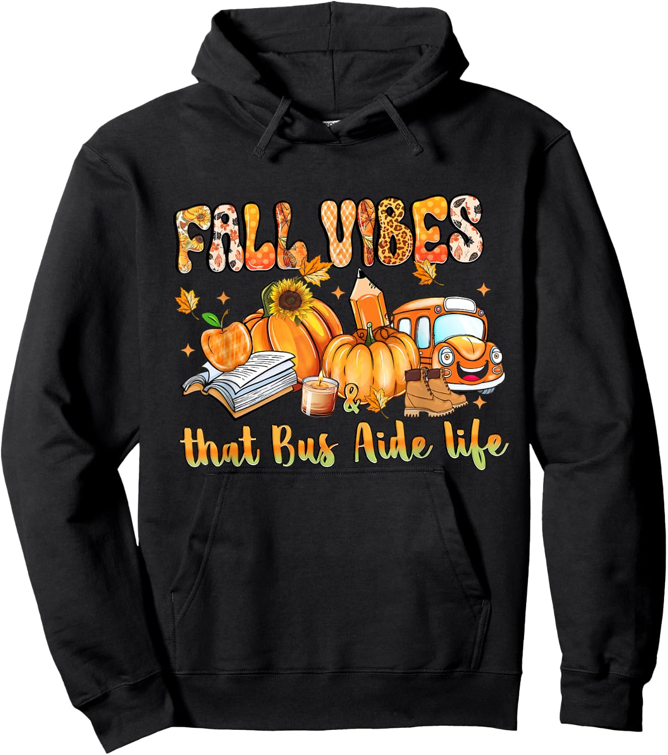 Fall Vibes & That Bus Aide Life Pumpkin Leopard School Bus Hoodie - Hoodie | Black