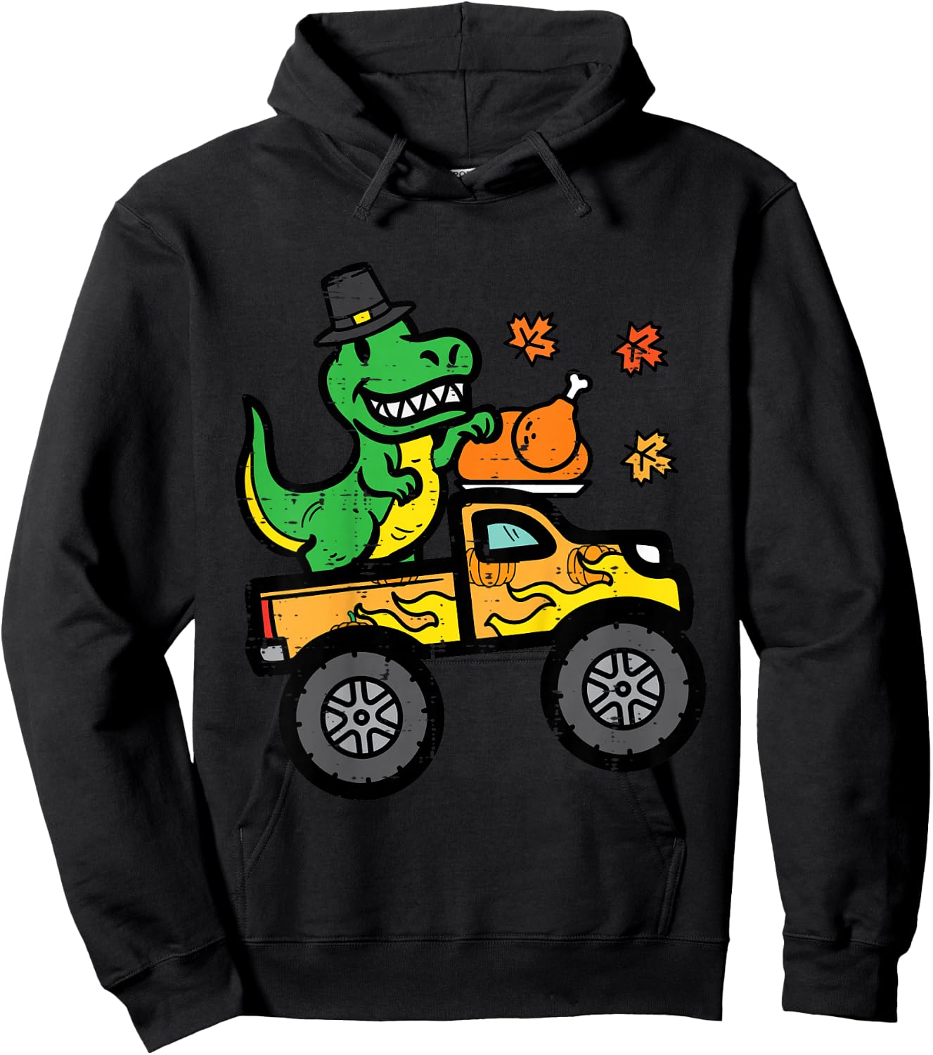 Kids Thanksgiving Dino Monster Truck Fall Trex Toddler Boys Kids Hoodie - Hoodie | Black