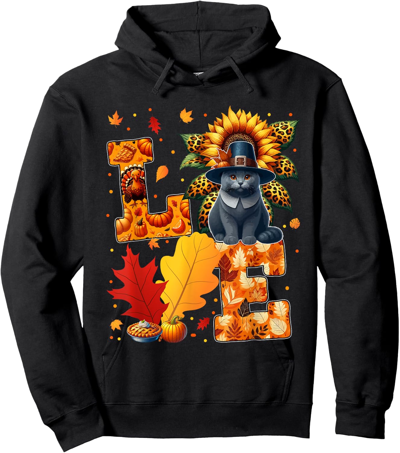 LOVE Thanksgiving Russian Blue Cat Costume Fall Leaves Women Kids Hoodie - Hoodie | Black
