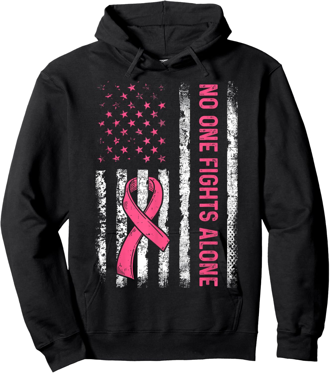 No One Fights Breast Cancer Alone American Flag Pink Ribbon Hoodie - Hoodie | Black