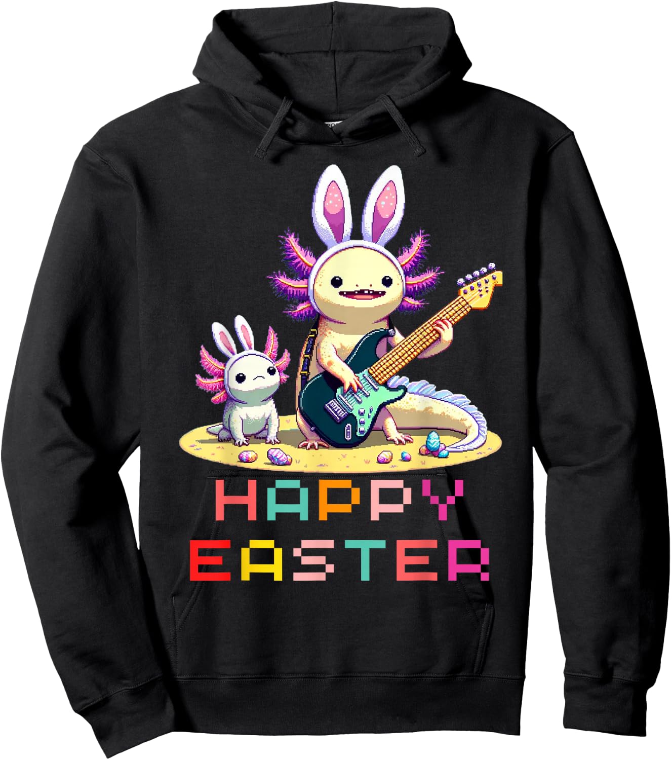 Axolotl Happy Easter EggsRetro Vintage Pixel Art Rock Guitar Hoodie - Hoodie | Black