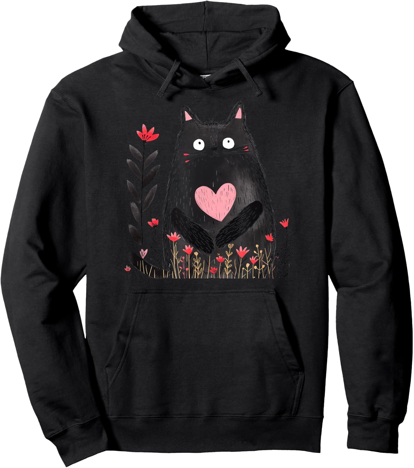 Cute Black Cat Heart Flowers Love Valentine Pink Red Top Women Kids Hoodie - Hoodie | Black