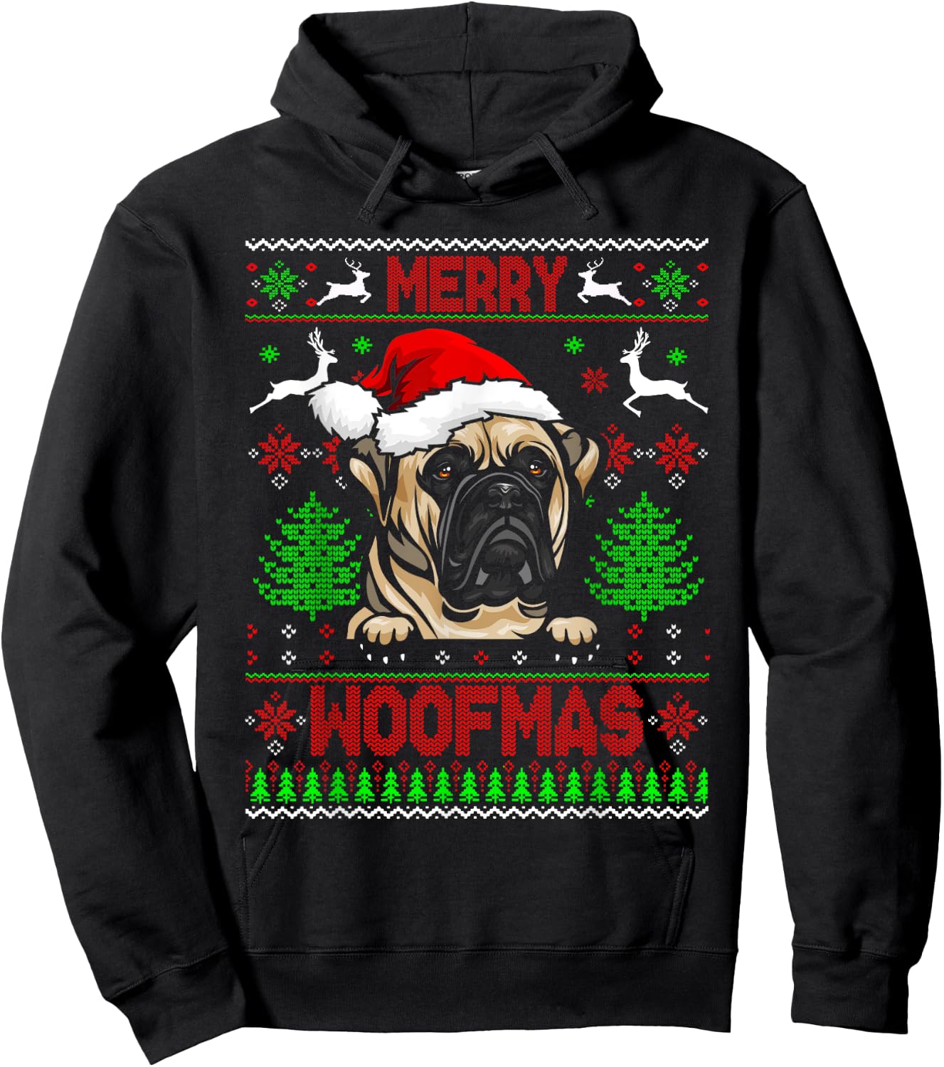 Merry Woofmas Christmas Santa Bull Mastiff Lover Sweater Hoodie - Hoodie | Black