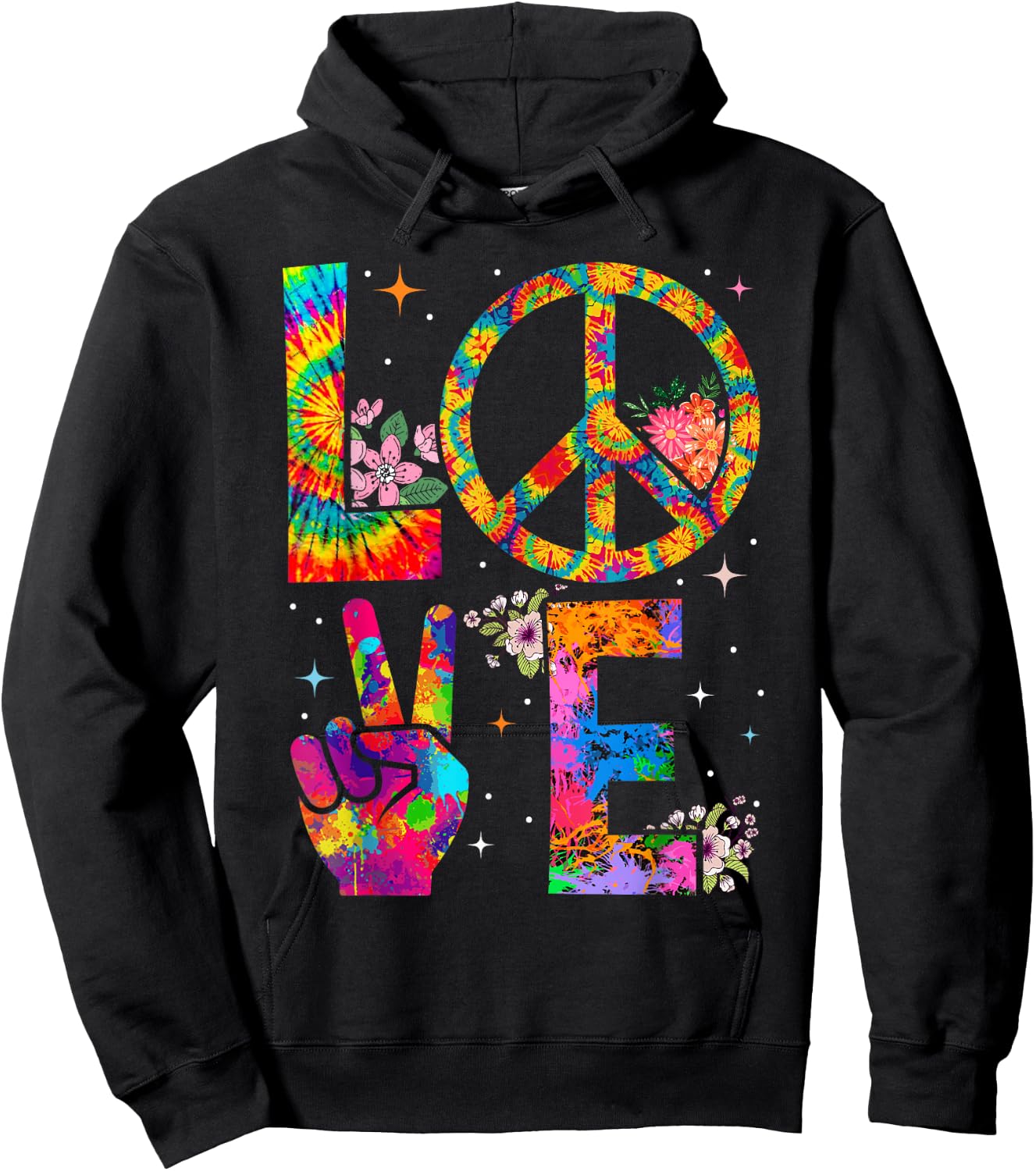 Peace Sign Love 60s 70s Tie Dye Hippie Costume Hoodie - Hoodie | Black