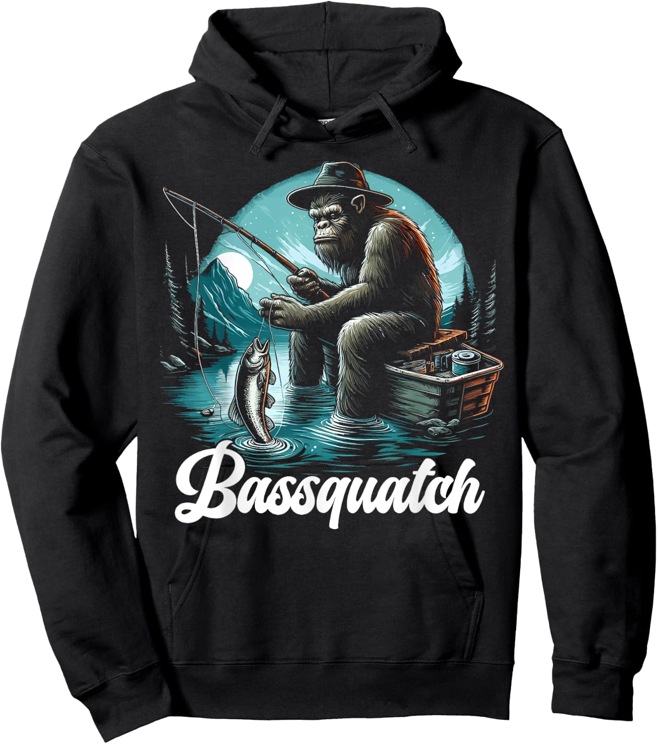 Bassquatch! Funny Bass Fishing Sasquatch Retro 80s Fisherman Hoodie - Hoodie | Black