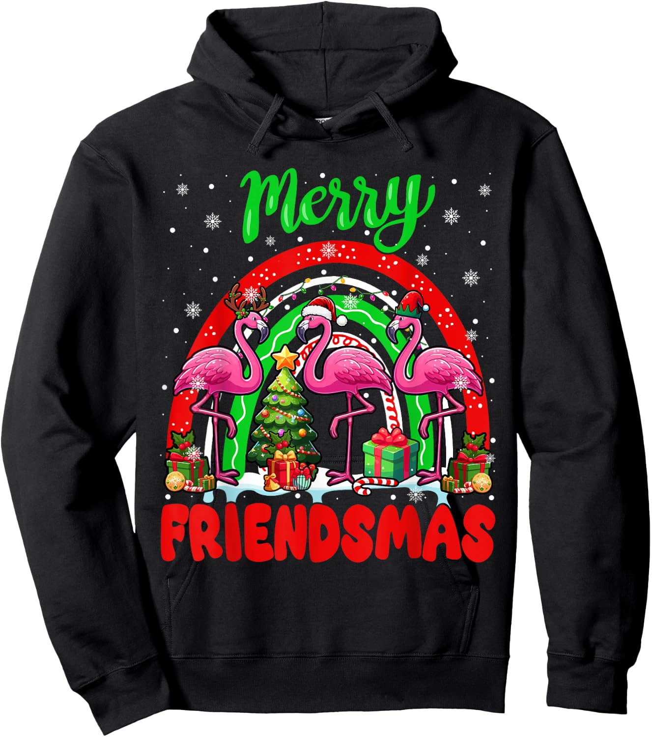 Merry Christmas Friends Three Santa Flamingos Rainbow Hoodie - Hoodie | Black