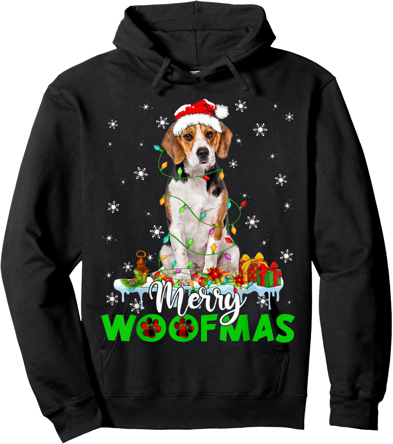 Beagle Dog Merry Woofmas Funny Xmas Lights Santa Hat Hoodie - Hoodie | Black