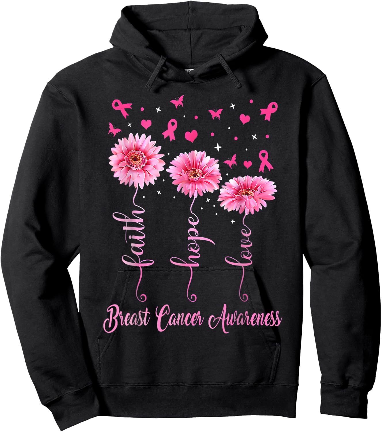 Faith Hope Love Pink Ribbon Daisy Breast Cancer Awareness Hoodie - Hoodie | Black