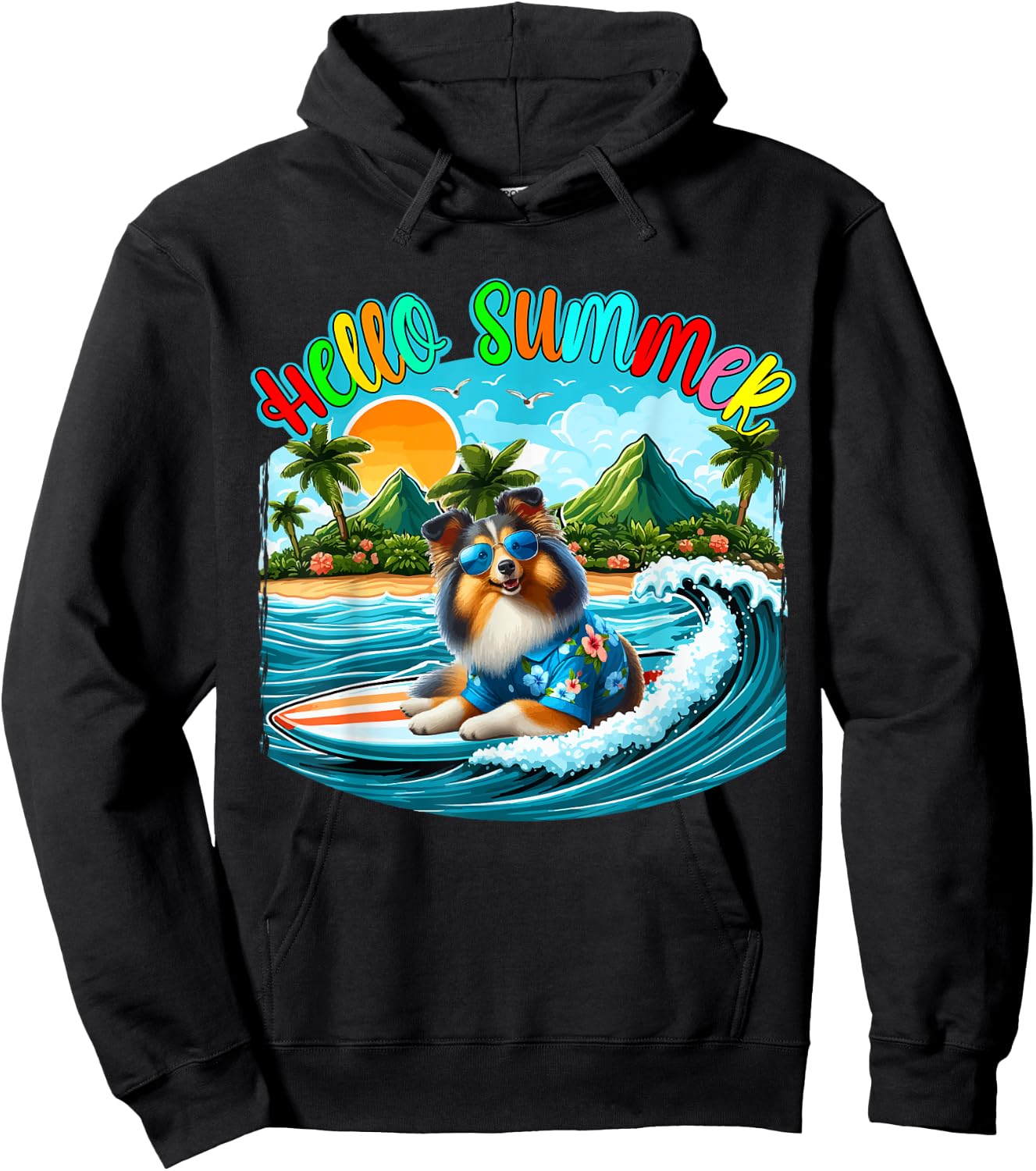 Summer Costume Sheltie Sunglasses Surfing On Beach Surfer Women Kids Hoodie - Hoodie | Black