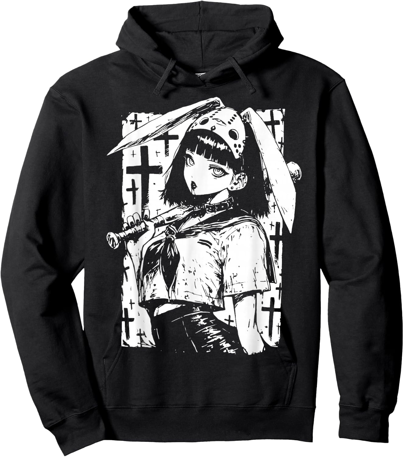 Creepy Horror Bunny Girl Anime Manga Alt Kawaii Harajuku Hoodie - Hoodie | Black