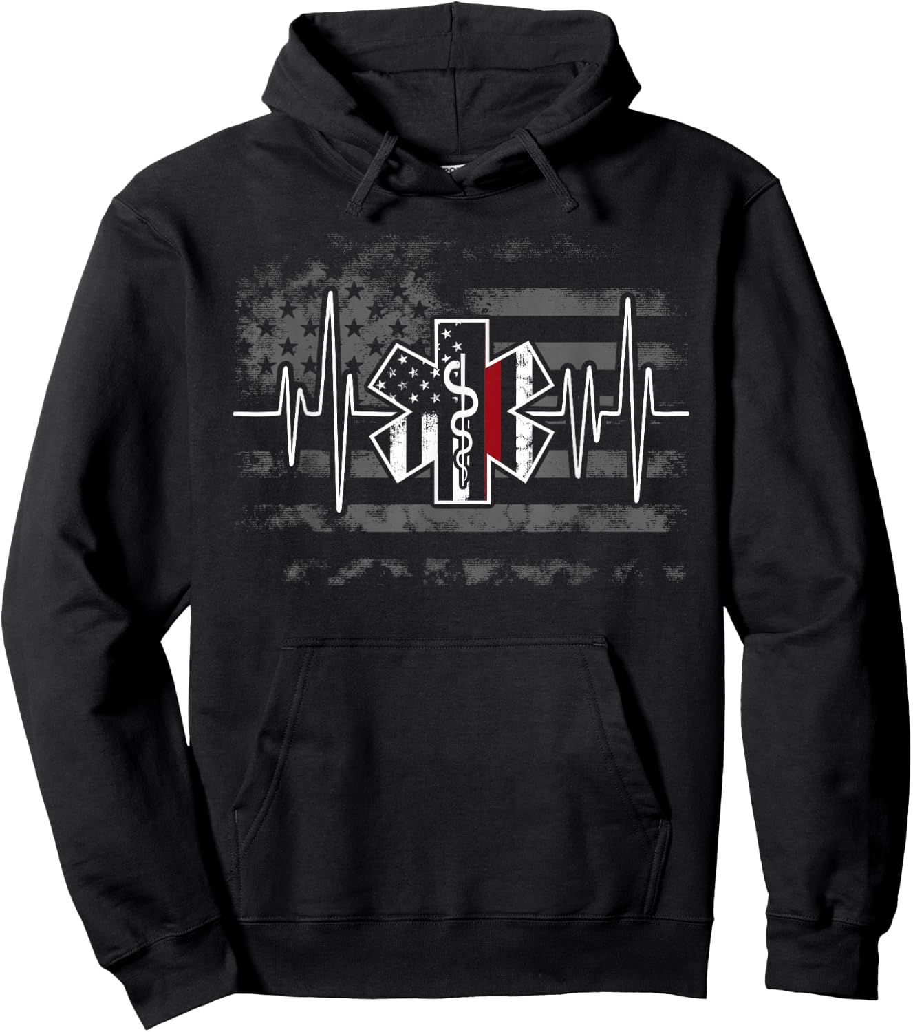 Firefighter EMS Heartbeat EKG Pulse Fireman American Flag Hoodie - Hoodie | Black