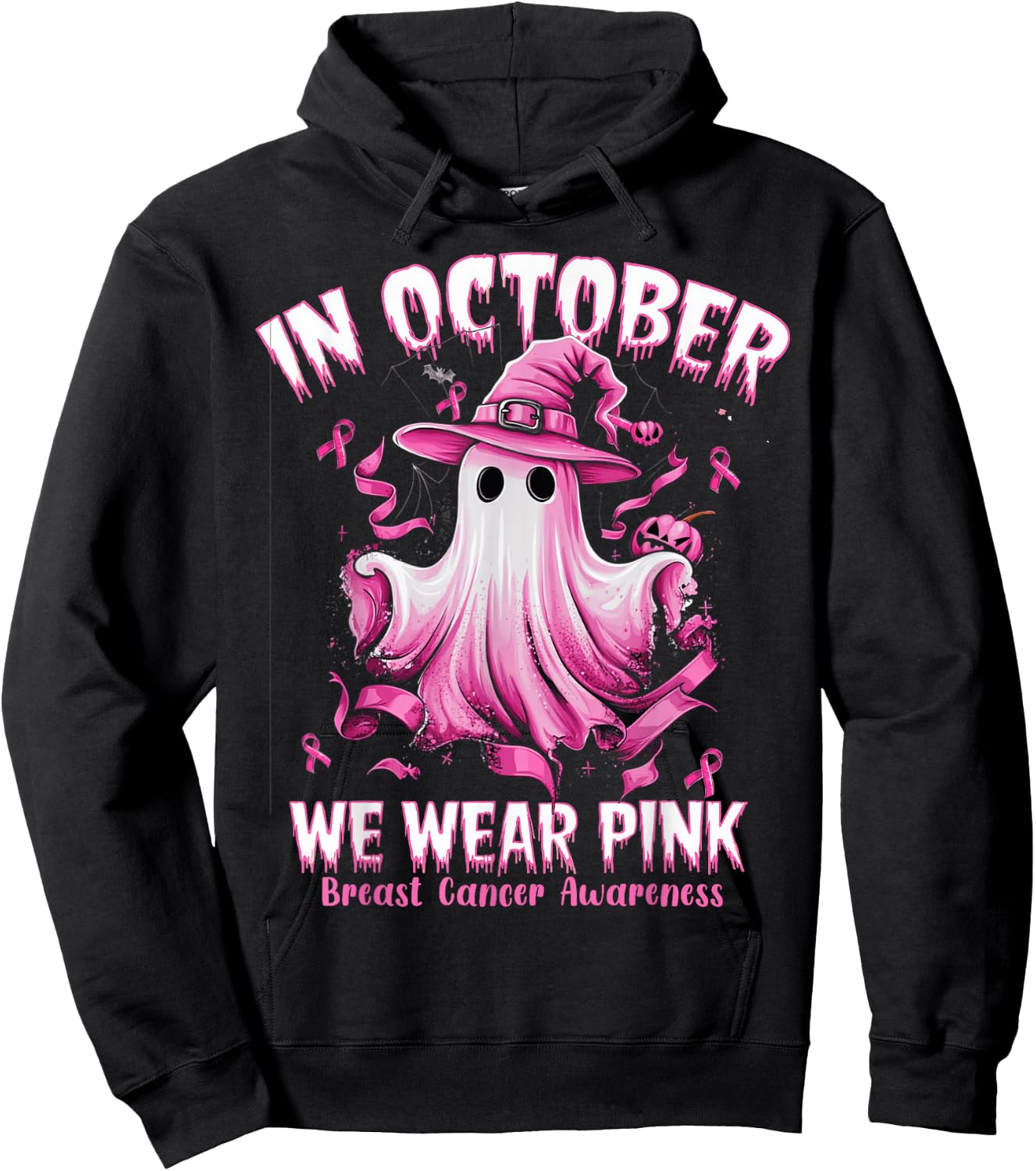 In October We Wear Pink Ghost Witch Breast Cancer Awareness Hoodie - Hoodie | Black