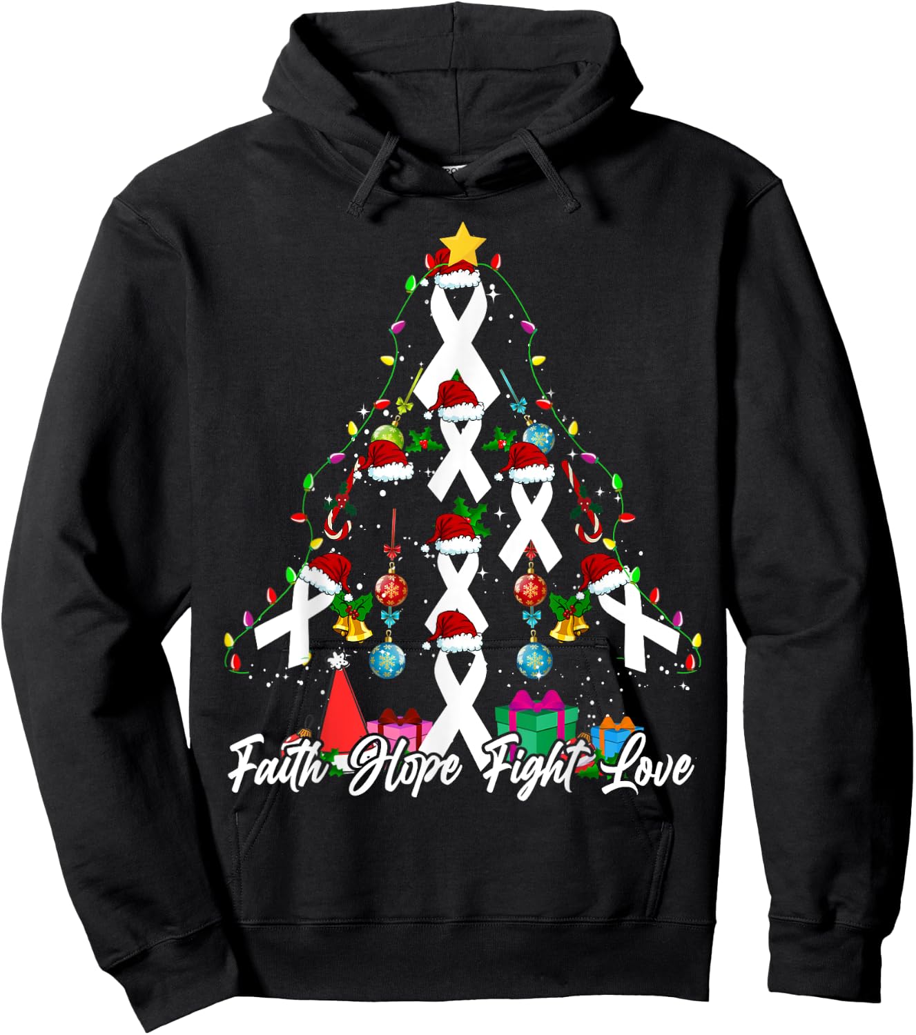 Santa White Ribbon Christmas Tree Lung Cancer Awareness Hoodie - Hoodie | Black